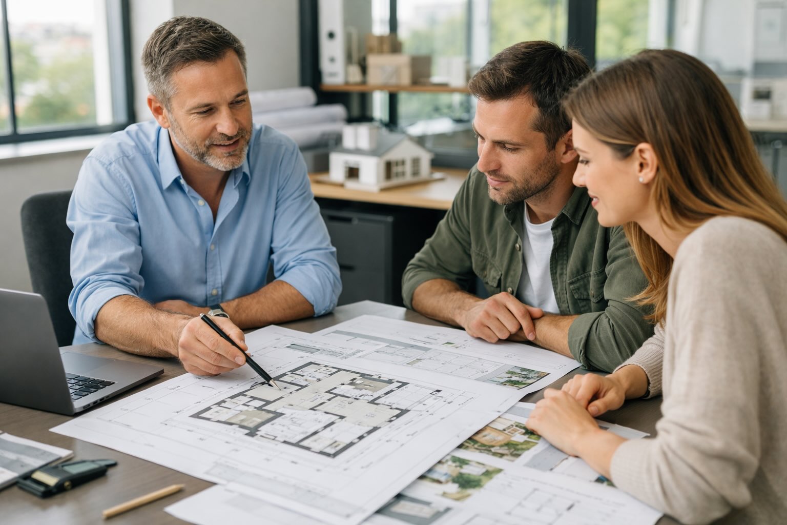 Architekt omawiający plany projektu domu z klientami przy biurku w jasnym biurze