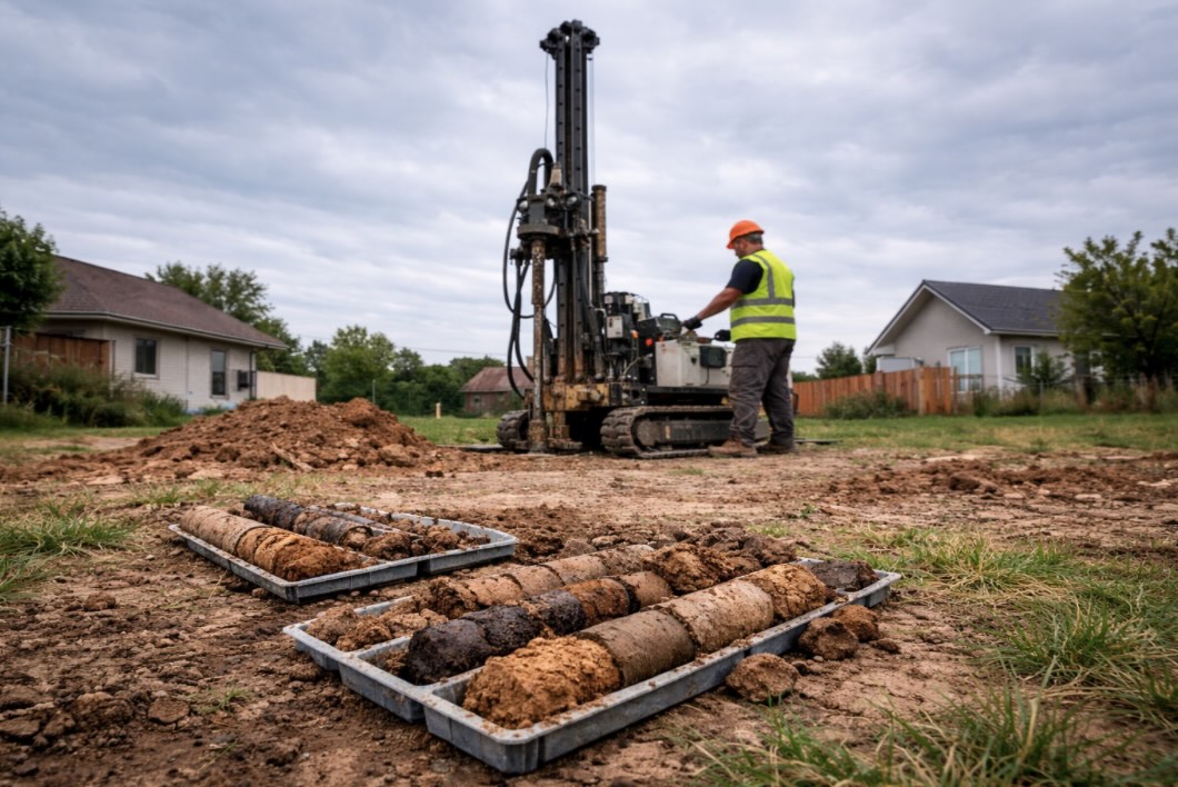 Badania geotechniczne gruntu na działce budowlanej Wiertnica geotechniczna podczas pobierania próbek gruntu na działce budowlanej