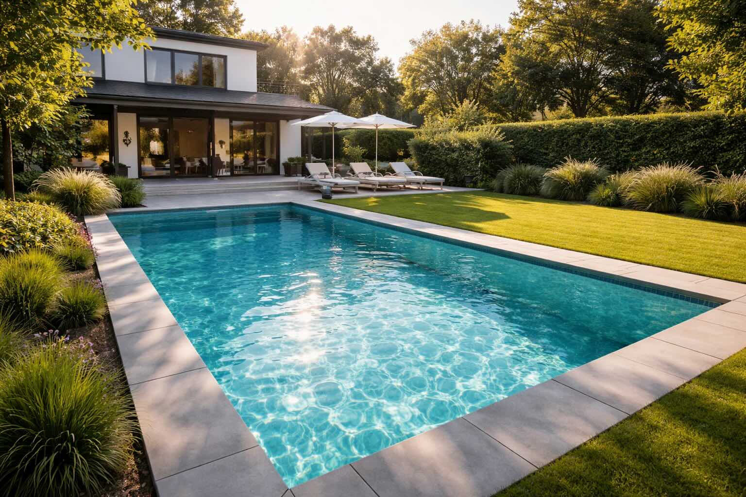 Basen ogrodowy przy nowoczesnym domu jednorodzinnym latem Prostokątny basen ogrodowy z czystą wodą w ogrodzie domu jednorodzinnego w ciepły letni dzień