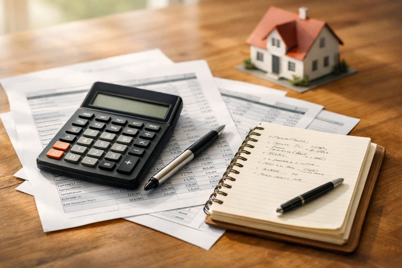 Kalkulator leżący na dokumentach finansowych z arkuszem budżetu budowy domu i długopisem