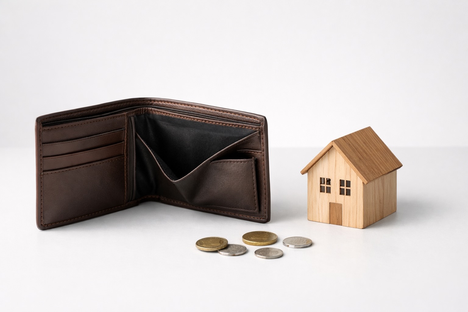 Pusty portfel obok modelu domu symbolizujący niedobór budżetu na budowę