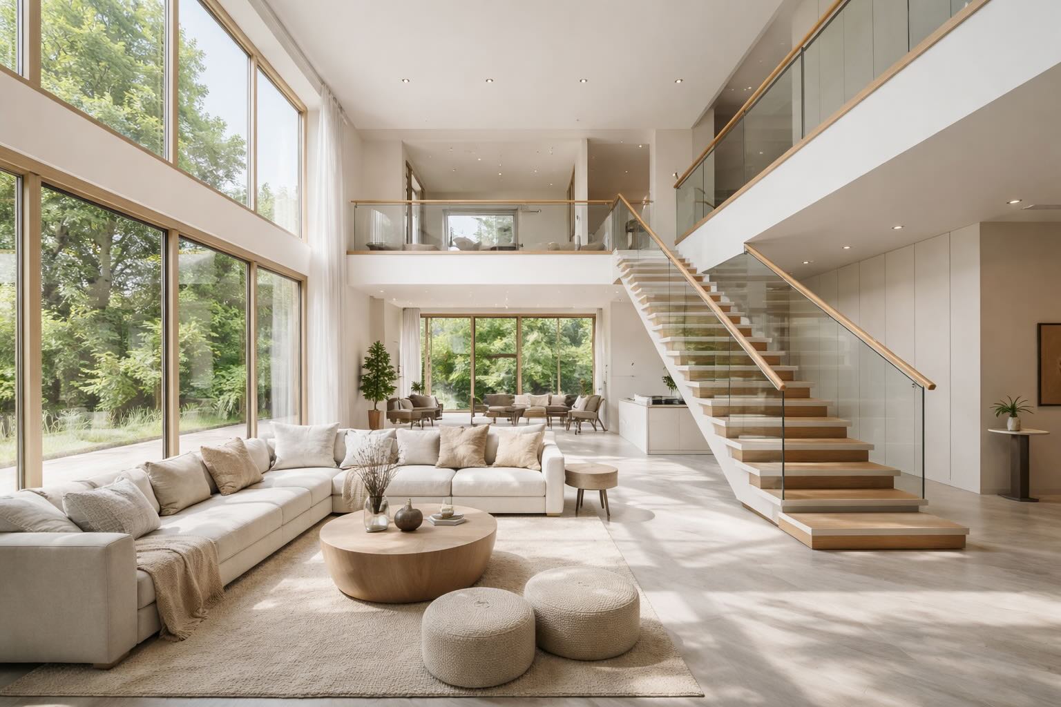 Salon z antresolą i podwójną wysokością sufitu z drewnianą balustradą