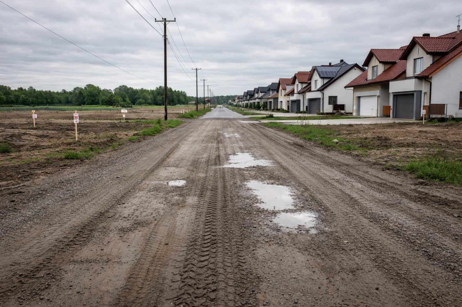 Droga żwirowa prowadząca do działek budowlanych w osiedlu podmiejskim