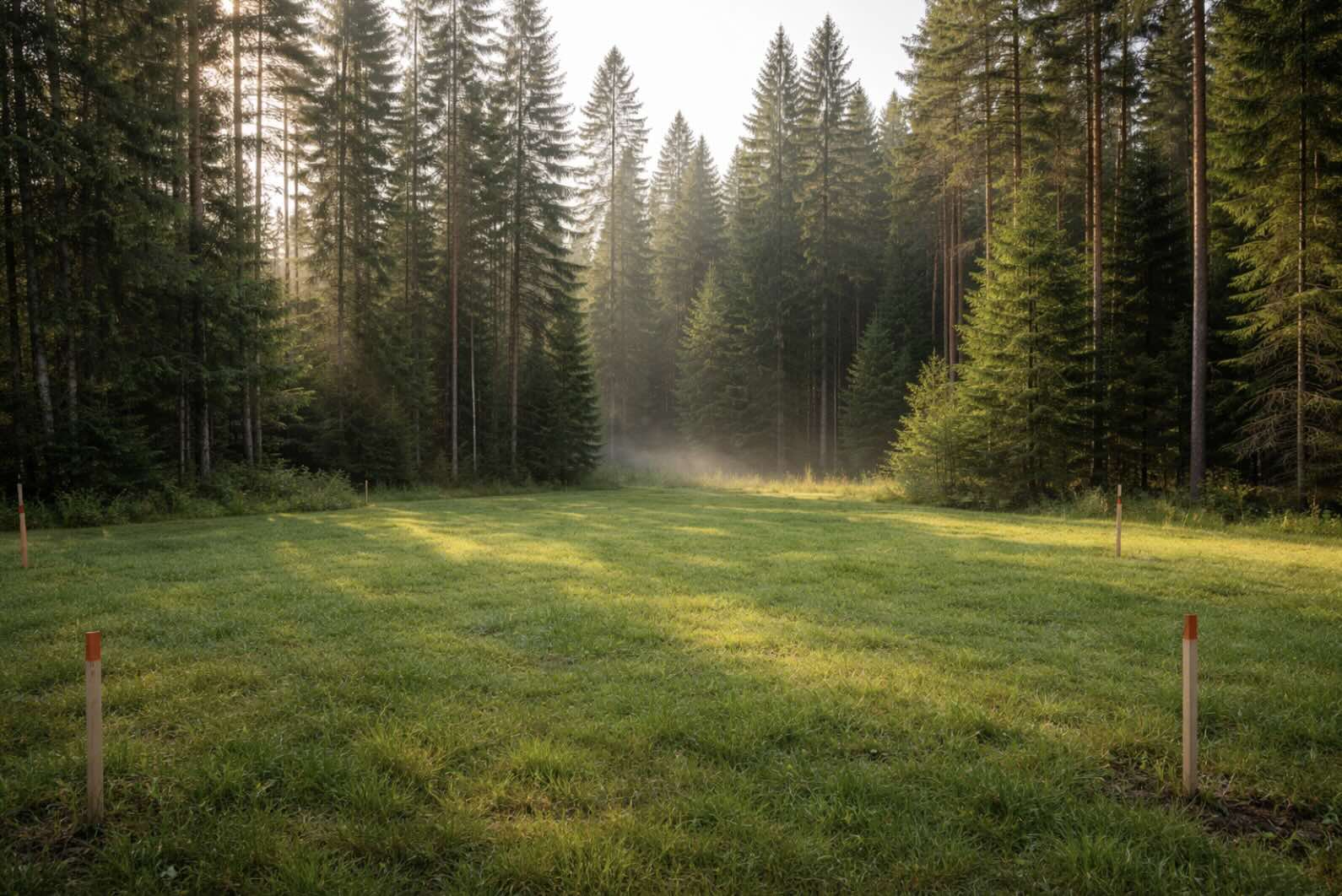 Zielona działka budowlana z widokiem na las iglasty w tle