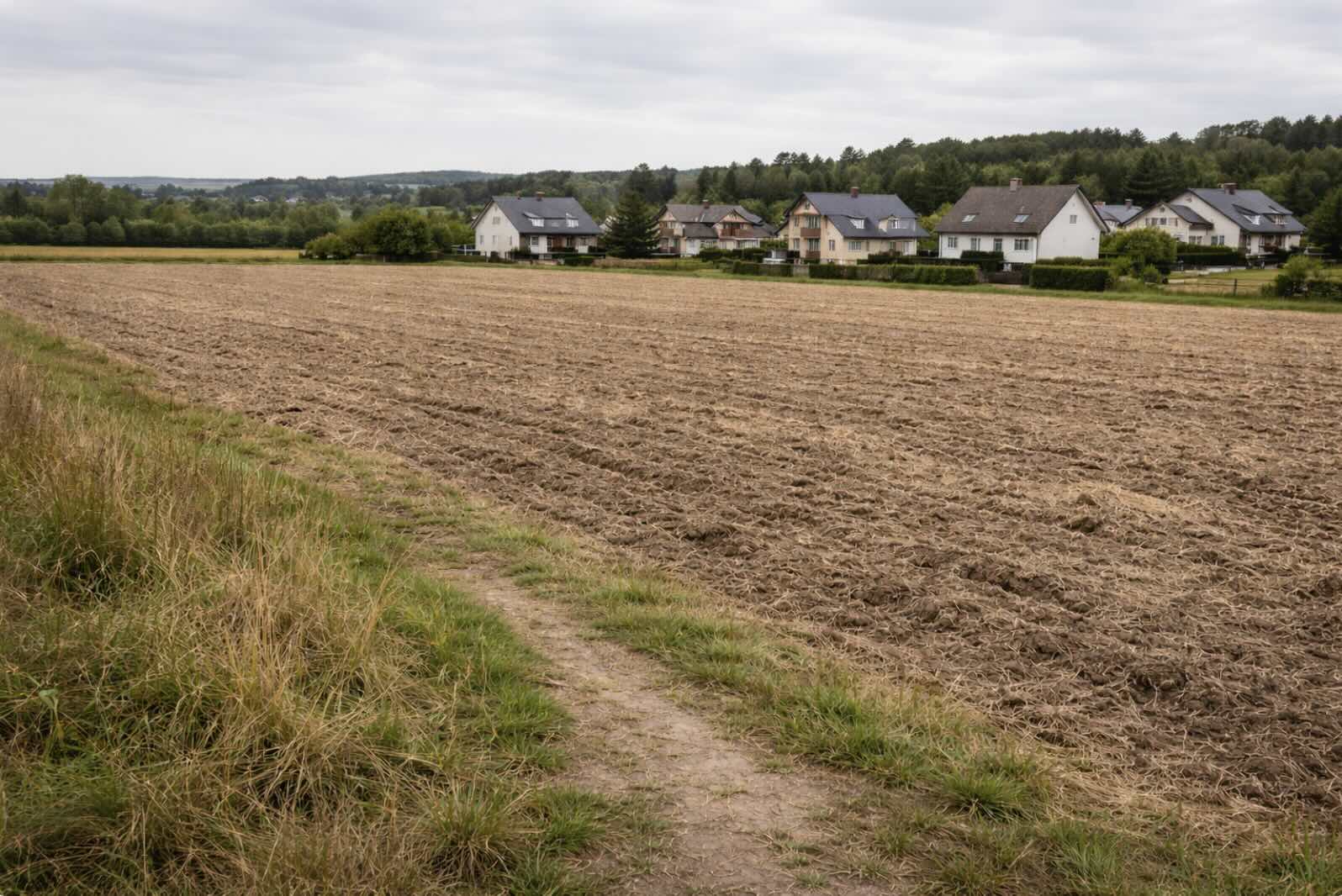 Działka rolna przeznaczona do odrolnienia Pole uprawne z tabliczką informacyjną na tle domów jednorodzinnych w sąsiedztwie