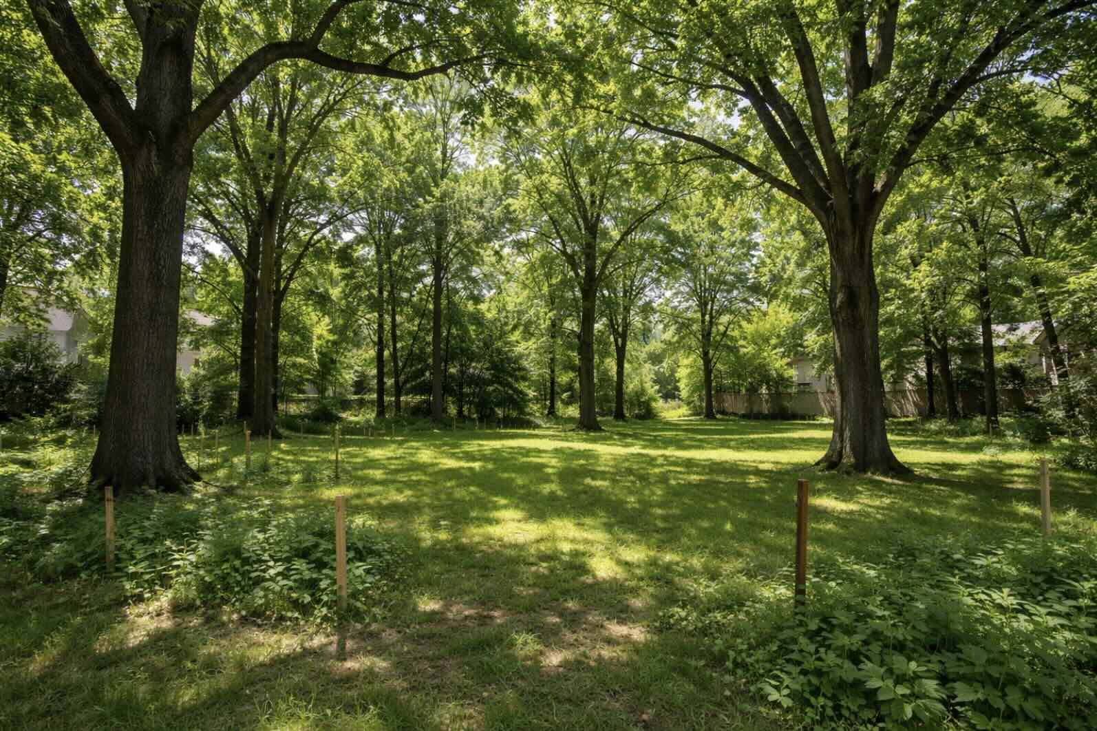 Działka budowlana porośnięta starymi drzewami liściastymi wymagającymi oceny przed budową