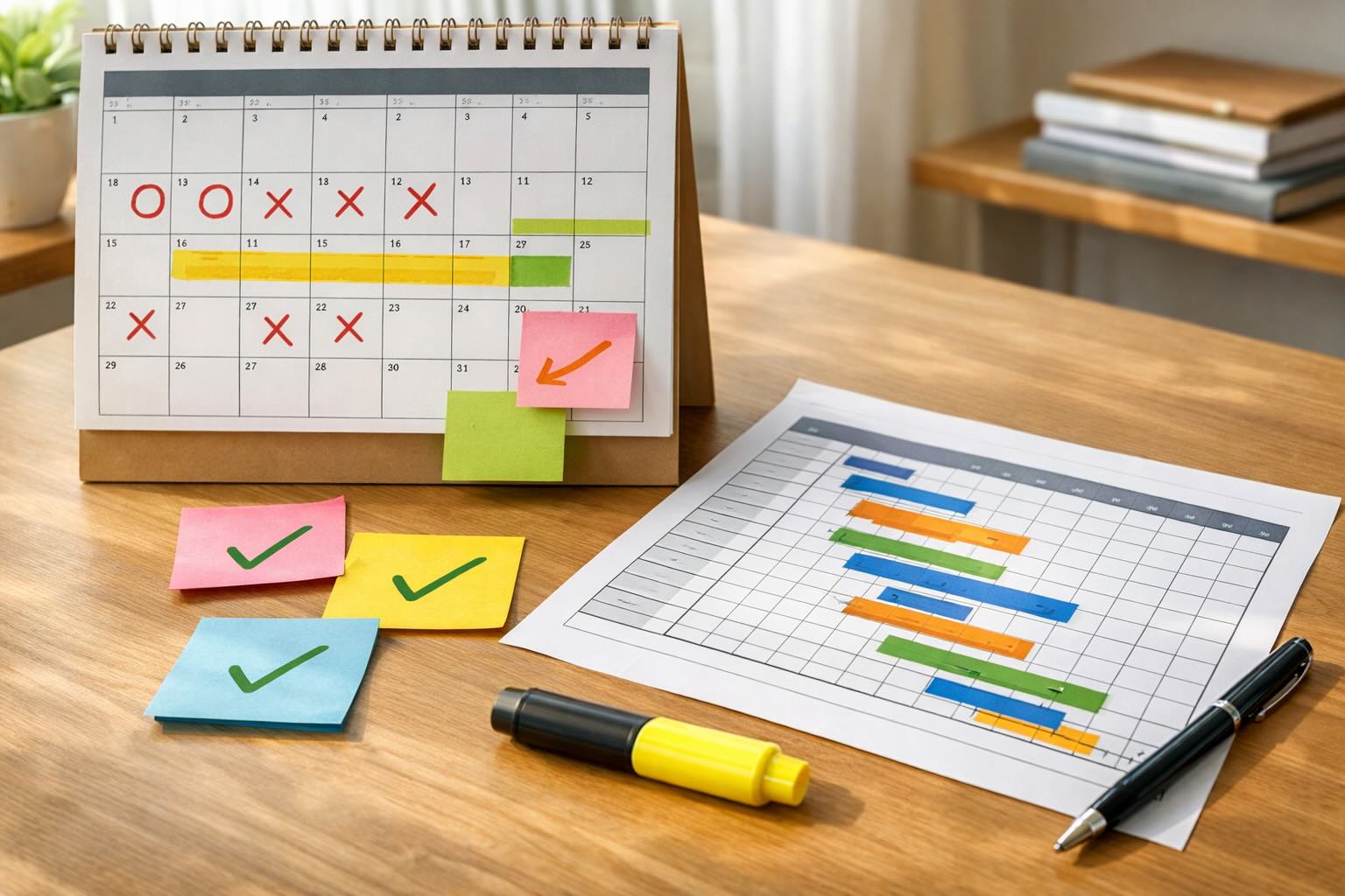 Kalendarz z zaznaczonymi etapami budowy obok wydrukowanego harmonogramu prac