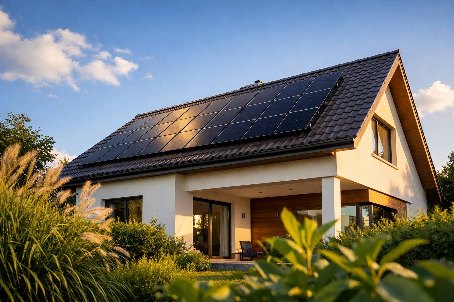 Panele fotowoltaiczne zamontowane na dachu domu jednorodzinnego Instalacja paneli fotowoltaicznych na dachu domu jednorodzinnego w słoneczny dzień – widok z poziomu ogrodu