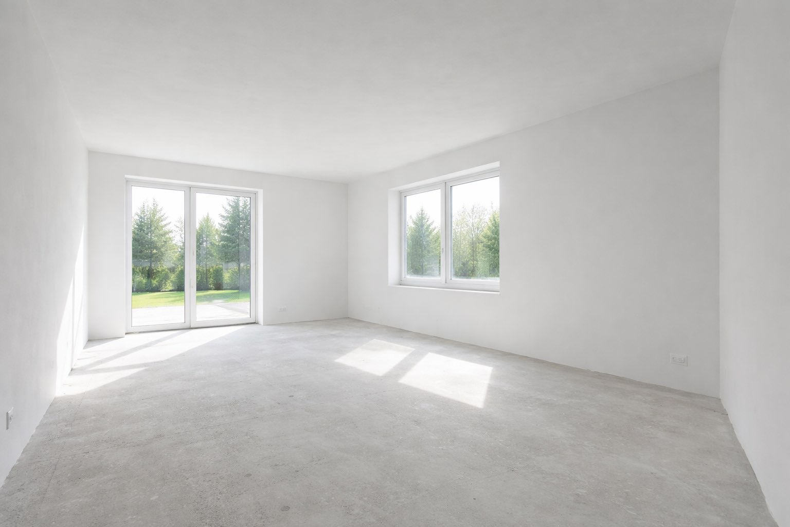 Jasne wnętrze domu jednorodzinnego z idealnie gładkimi białymi ścianami po szpachlowaniu gładziami gipsowymi