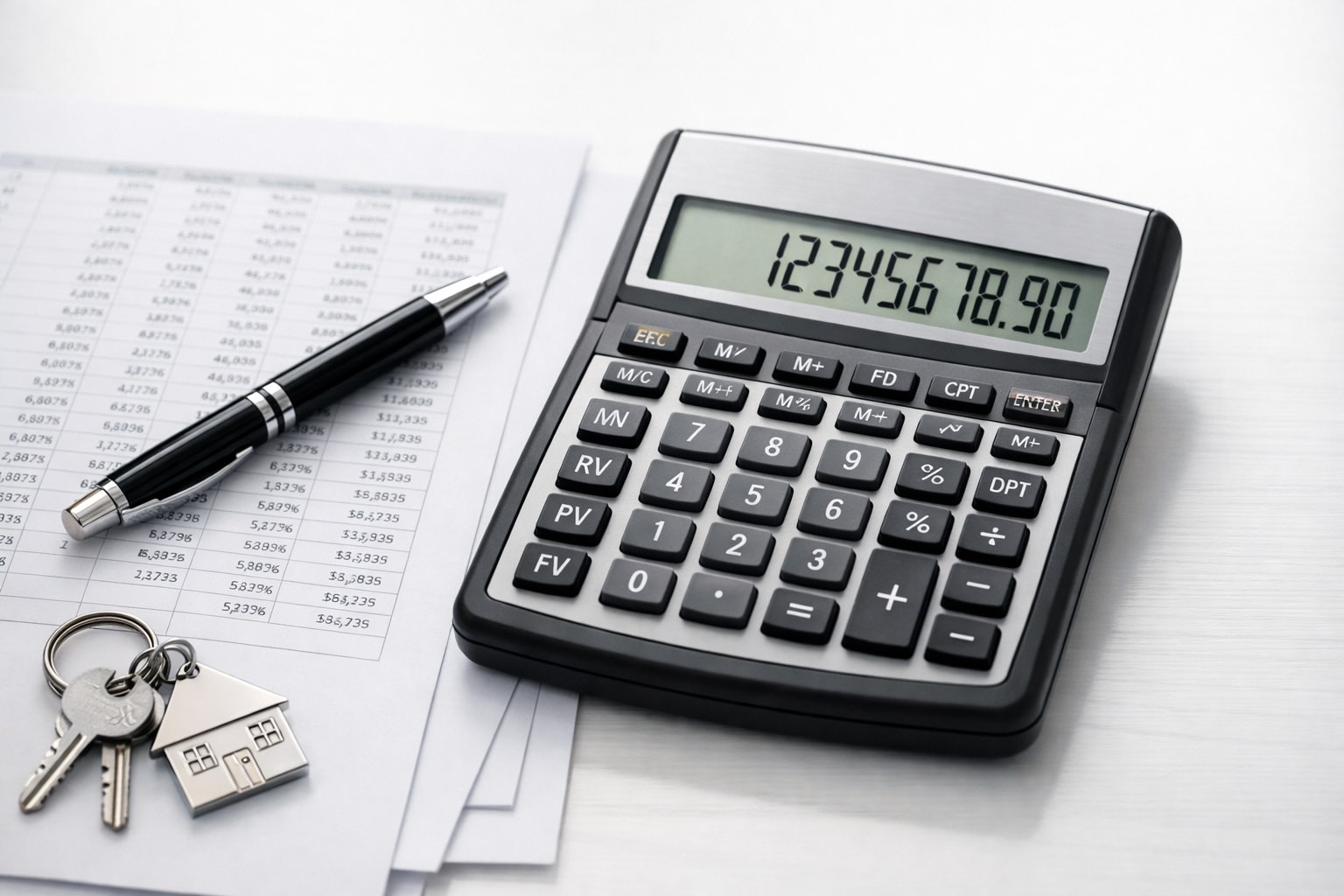Kalkulator raty kredytu hipotecznego - obliczanie miesięcznej raty Kalkulator z wyświetloną kwotą obok wydrukowanych tabel kredytowych i długopisu