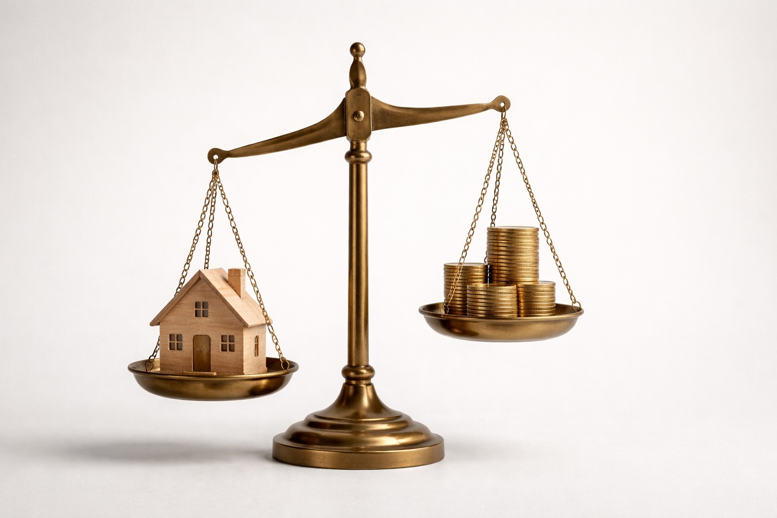 Mały drewniany model domu na wadze z monetami symbolizujący decyzję o kredycie hipotecznym