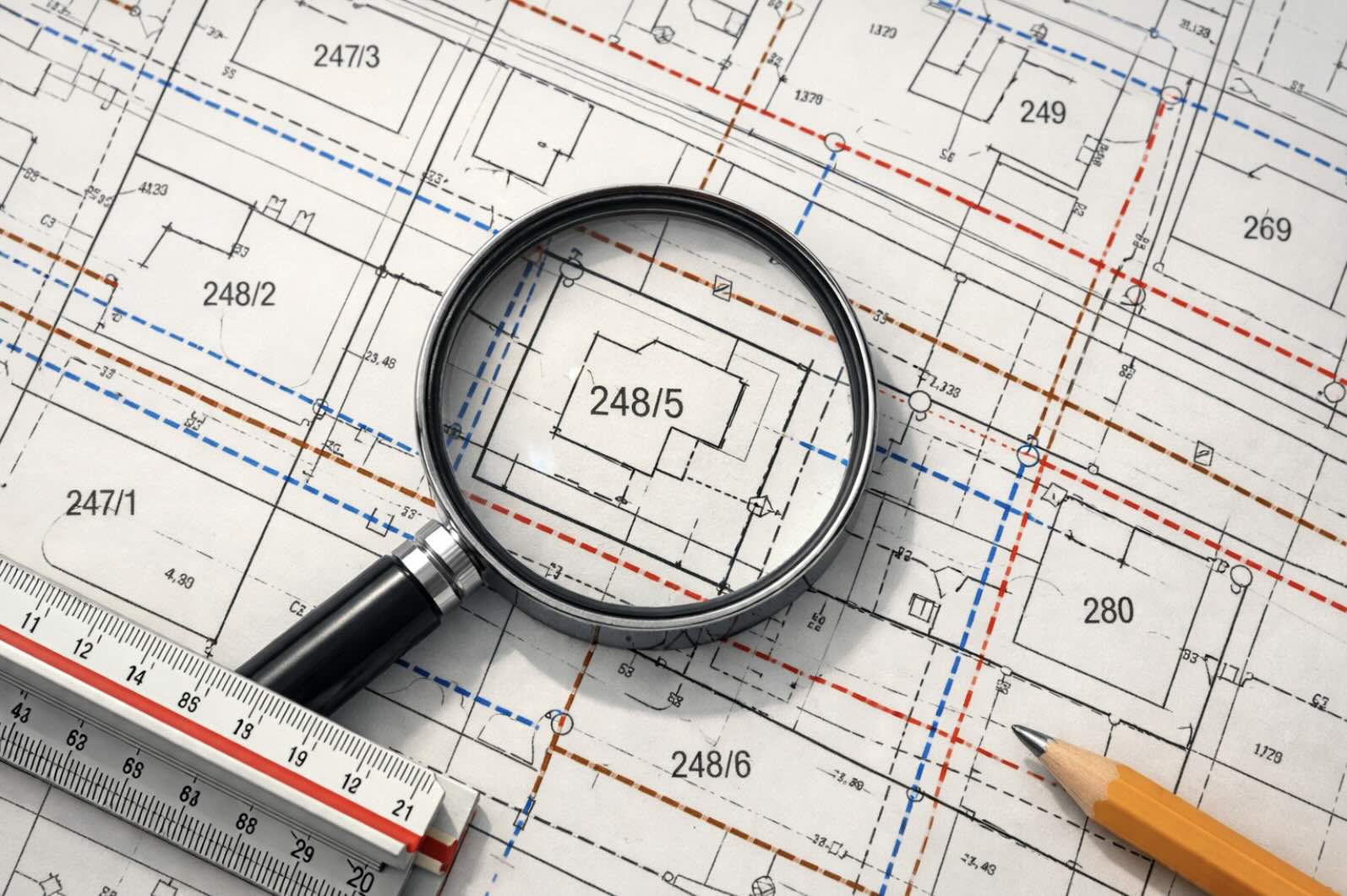 Mapa zasadnicza z naniesionymi granicami działek i uzbrojeniem terenu rozłożona na stole