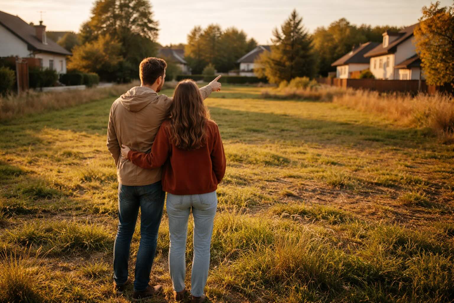 Młoda para stojąca na pustej działce budowlanej patrząca w dal i planująca przyszły dom