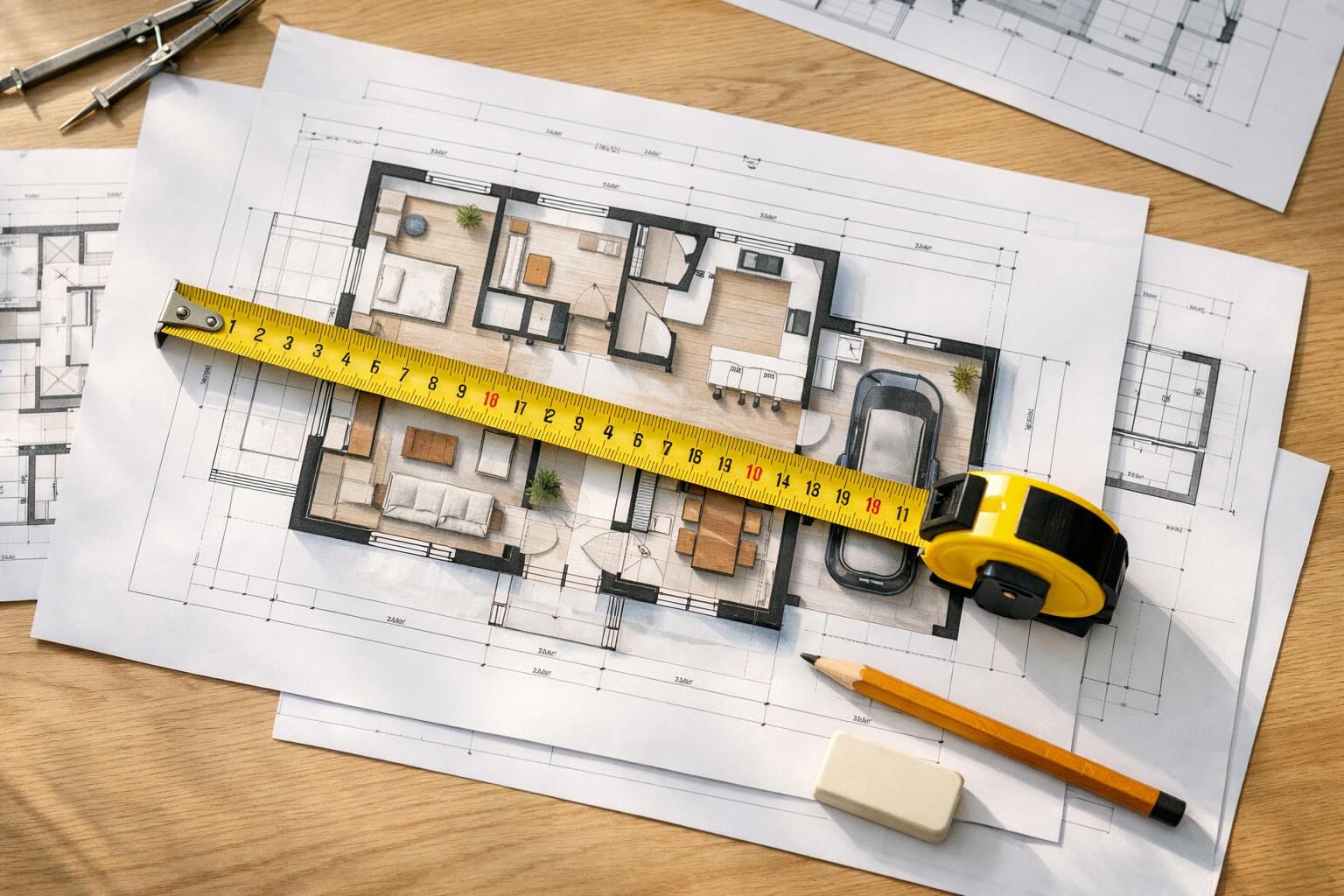 Rzut architektoniczny domu jednorodzinnego z taśmą mierniczą i ołówkiem na biurku