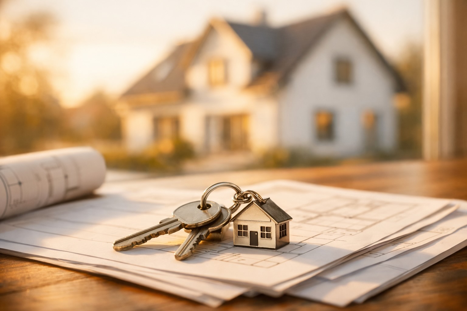 Klucze do nowego domu na tle dokumentów i ukończonego budynku jednorodzinnego