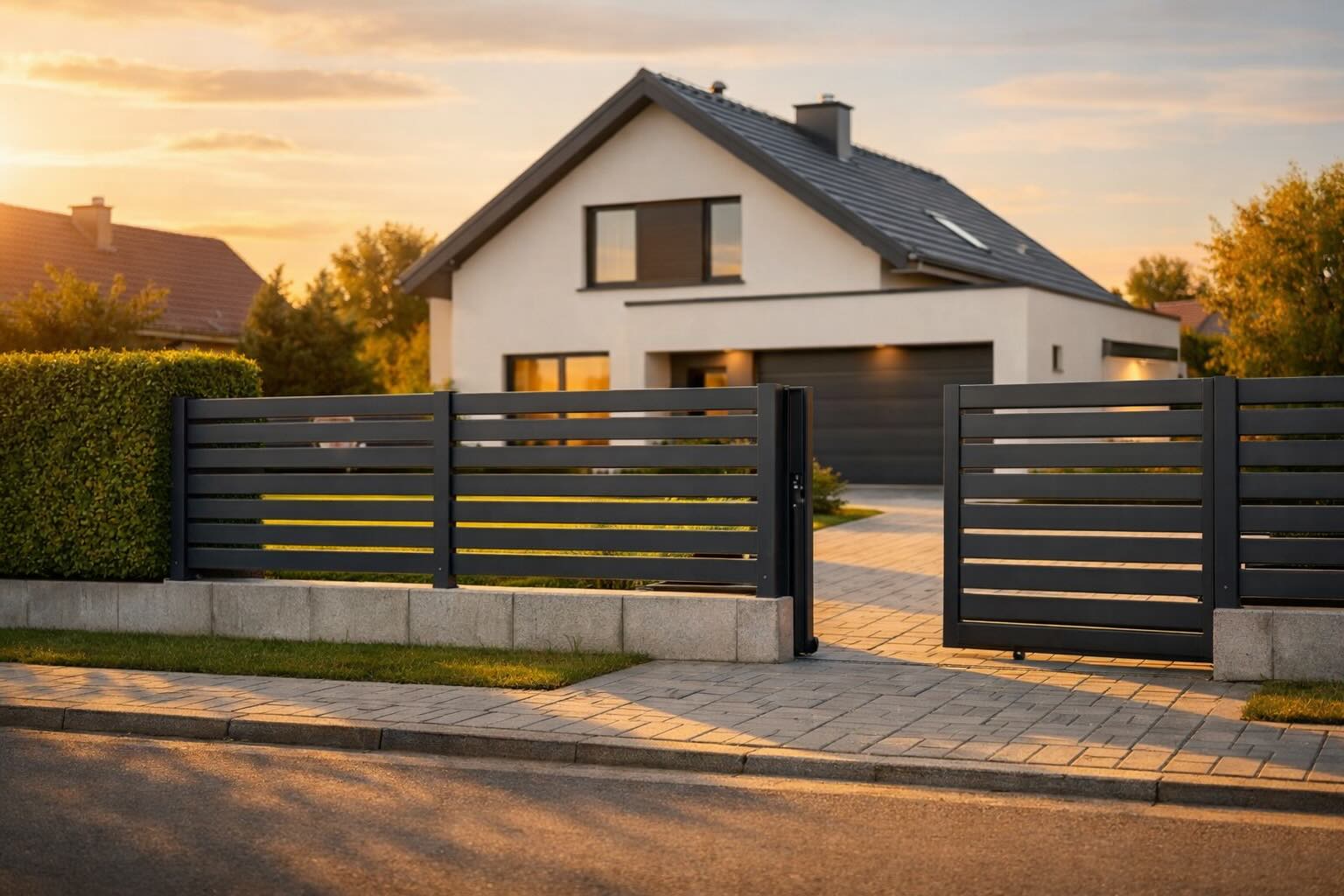 Eleganckie ogrodzenie aluminiowe z bramą wjazdową przed nowoczesnym domem jednorodzinnym w ciepłym świetle zachodzącego słońca