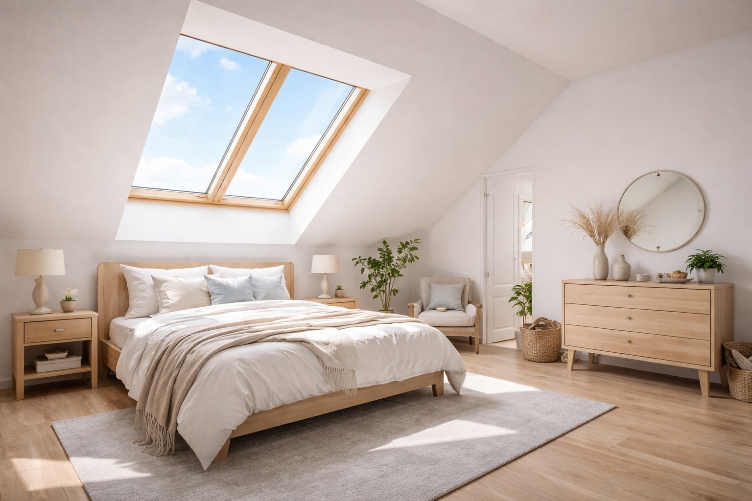 Poddasze użytkowe z oknem dachowym wpuszczającym naturalne światło