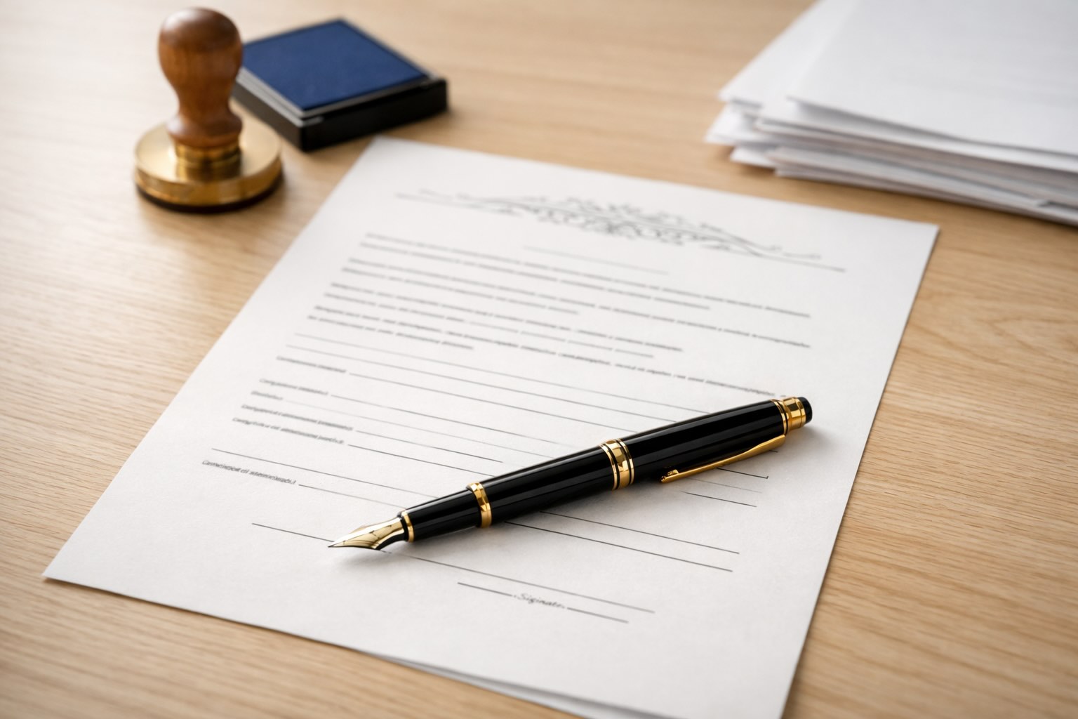 Podpisywanie dokumentu pełnomocnictwa z pieczątką i długopisem na biurku