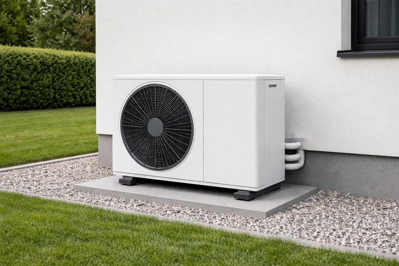 Jednostka zewnętrzna pompy ciepła zamontowana przy ścianie nowoczesnego domu jednorodzinnego