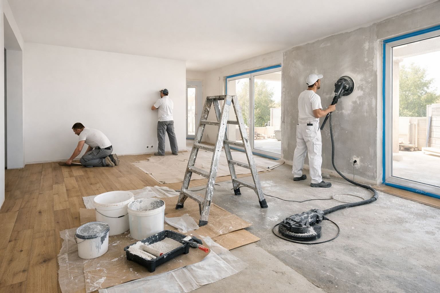 Pomieszczenie domu jednorodzinnego w trakcie prac wykończeniowych z widocznymi etapami: gładzie, malowanie i montaż podłóg