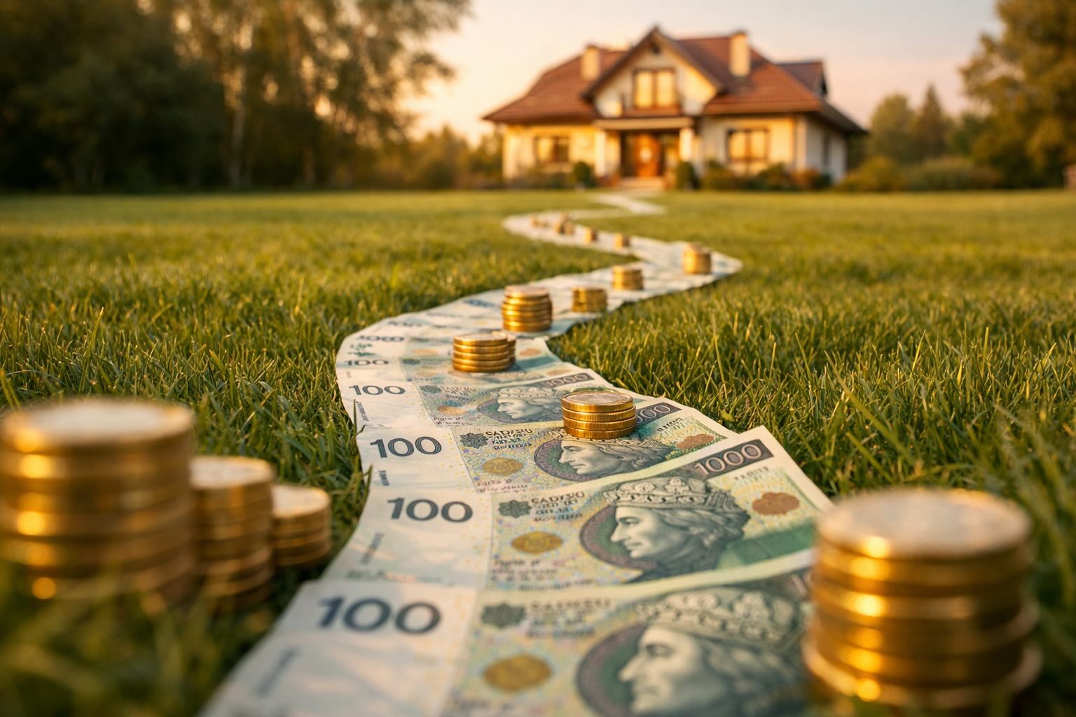 Model domu otoczony banknotami i monetami symbolizujący całkowite koszty budowy