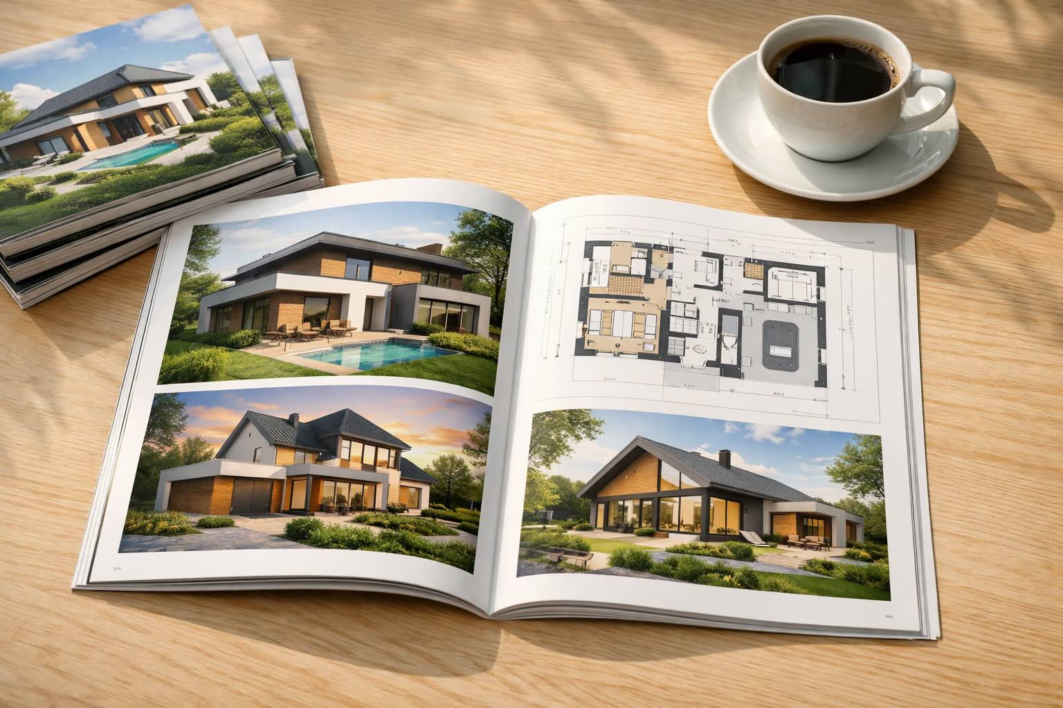 Rozłożony katalog projektów gotowych domów z kolorowymi wizualizacjami i rzutami architektonicznymi