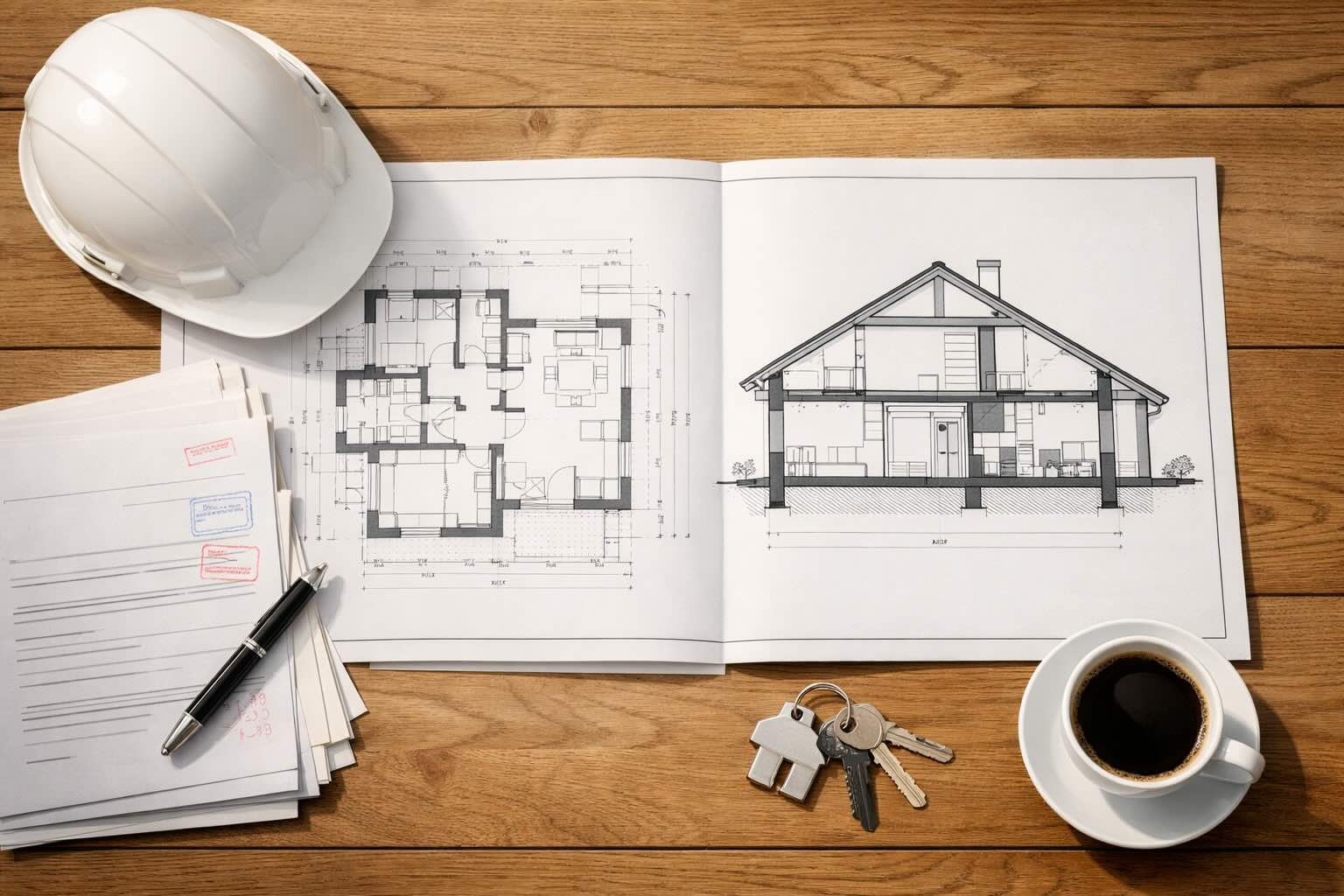 Plany architektoniczne domu jednorodzinnego rozłożone na biurku obok kasku budowlanego i dokumentów formalnych