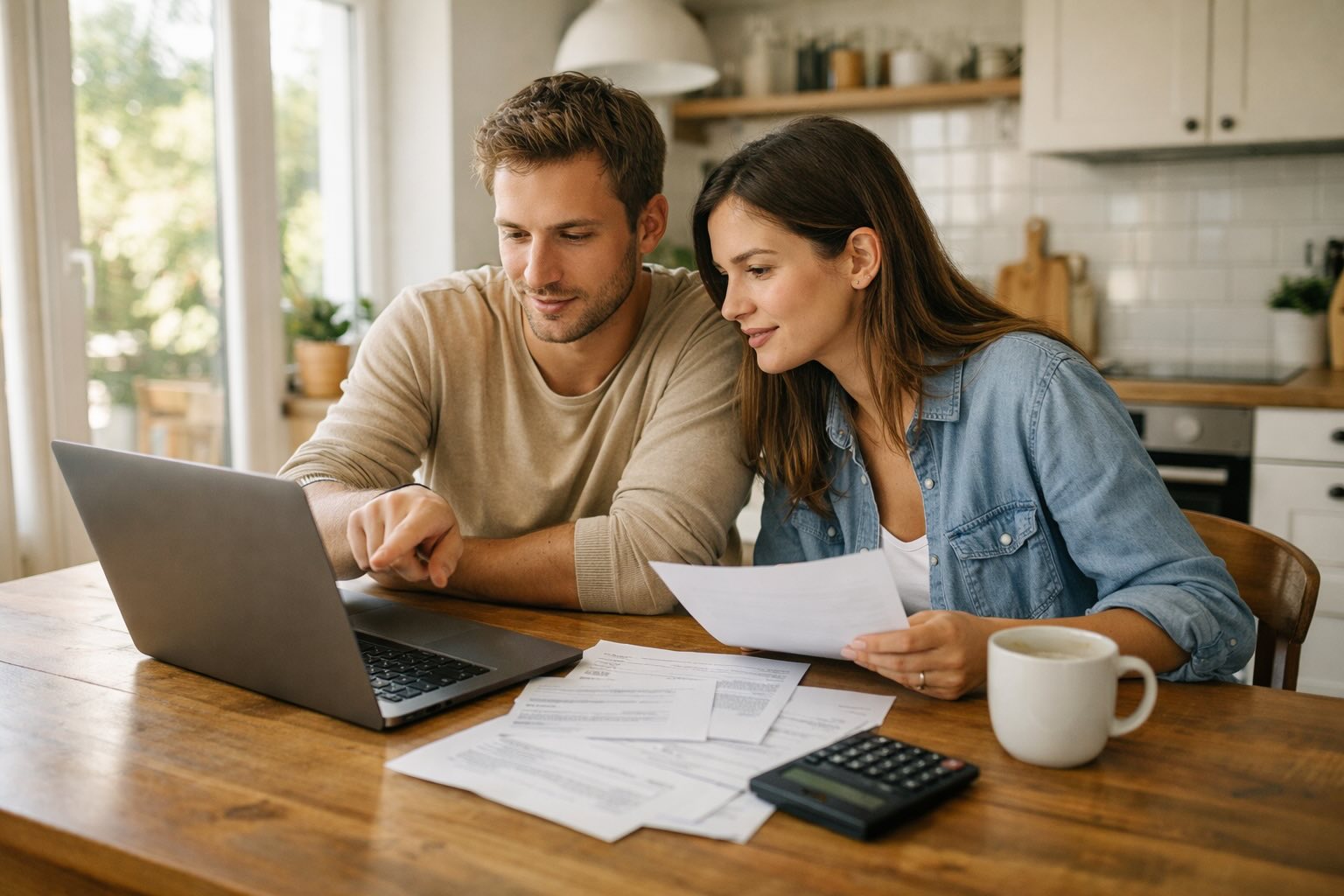 Rodzina planująca finansowanie budowy domu - kompleksowe przygotowanie Para przy stole z laptopem i dokumentami planująca finansowanie budowy domu