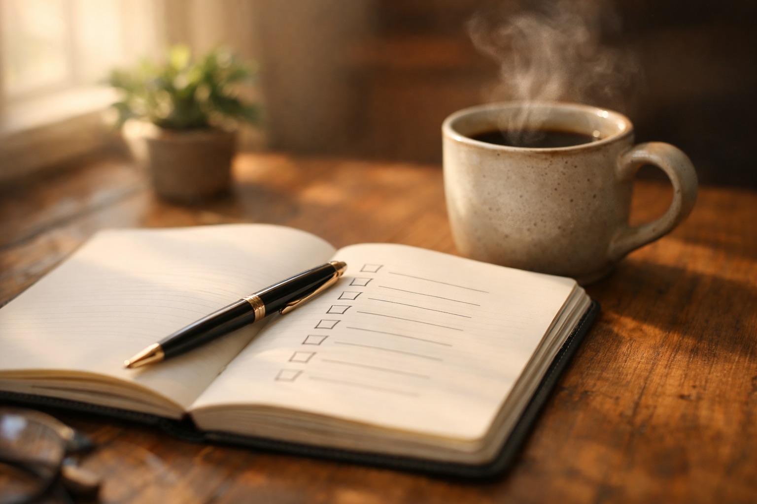 Otwarty notatnik z odręcznymi notatkami obok filiżanki kawy na drewnianym stole