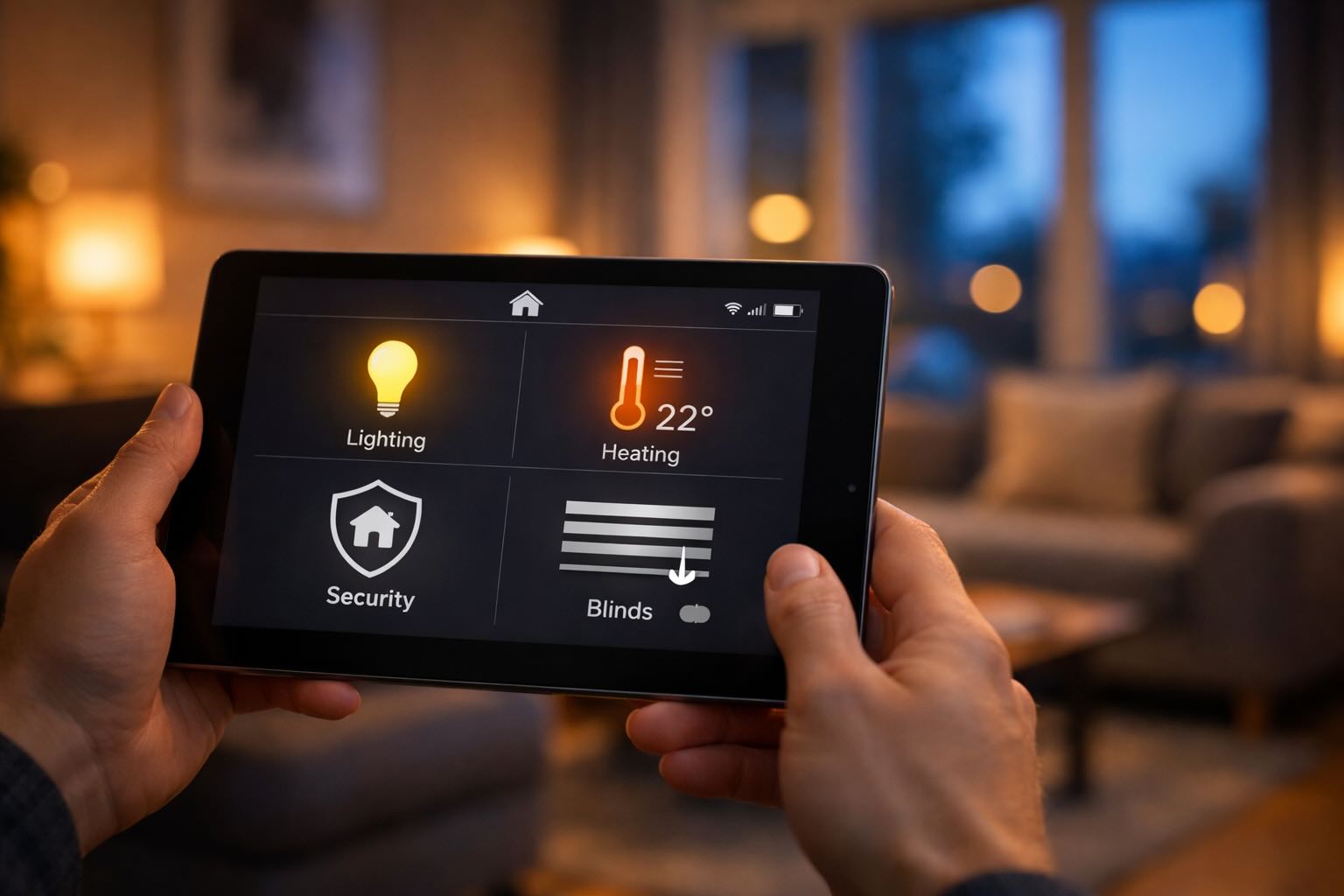 Ręce trzymające tablet z interfejsem sterowania inteligentnym domem na tle nowoczesnego salonu