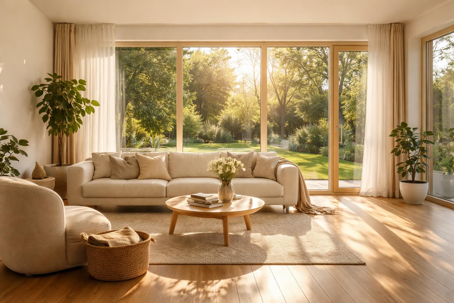 Jasny salon z dużymi oknami i promieniami słońca wpadającymi do wnętrza