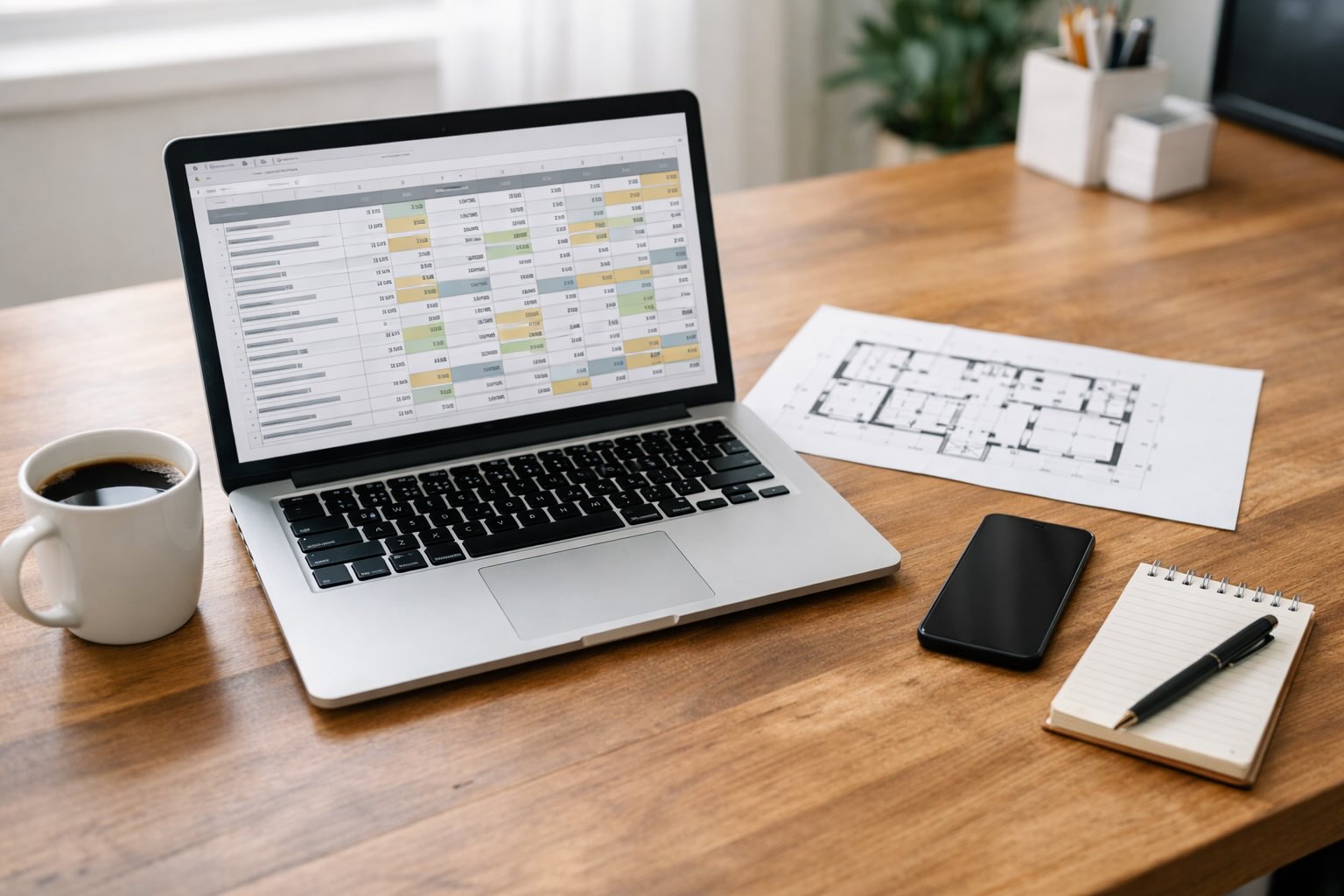 Laptop z otwartym arkuszem kalkulacyjnym budżetu budowy domu na biurku