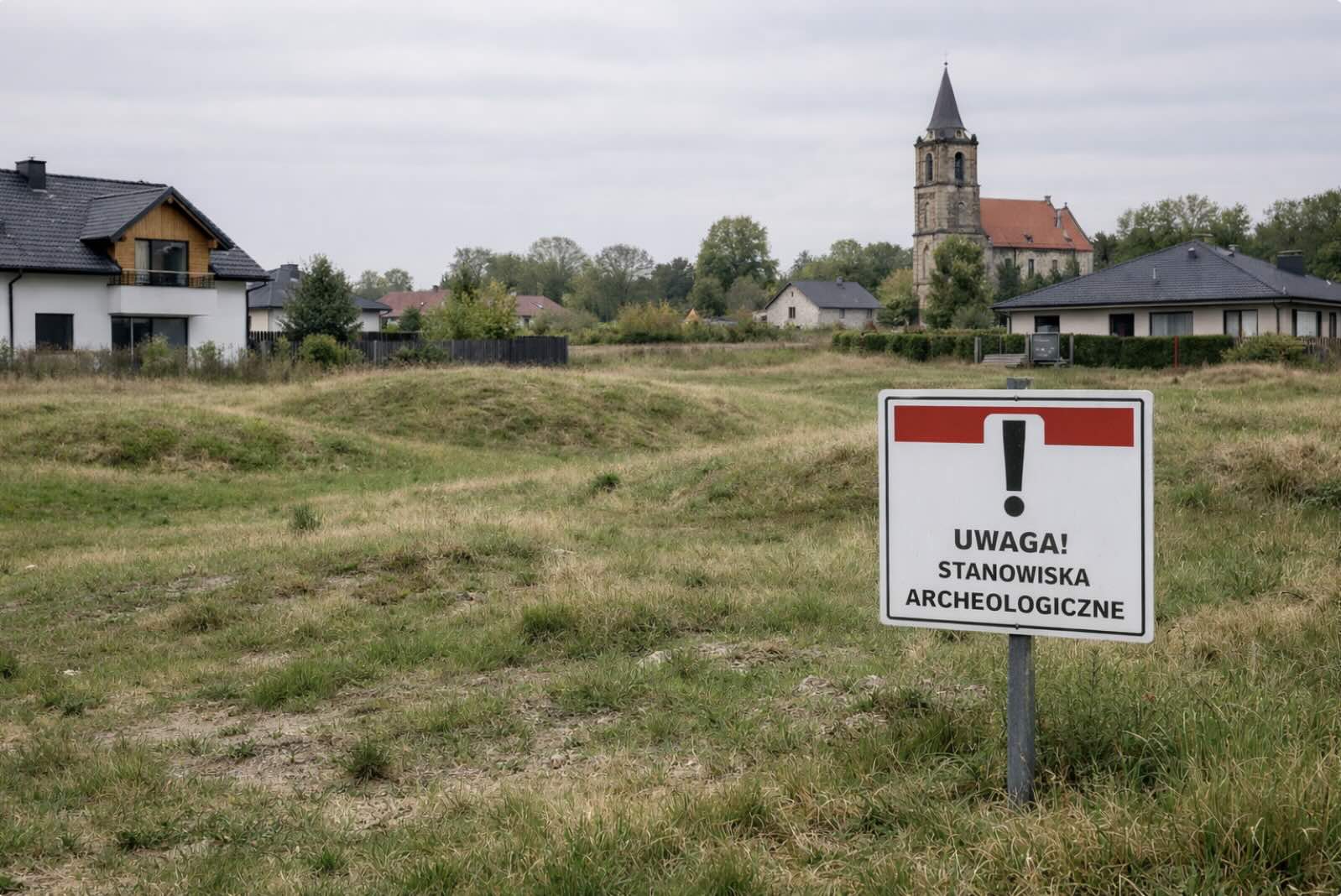 Działka budowlana z tablicą informacyjną o strefie ochrony archeologicznej