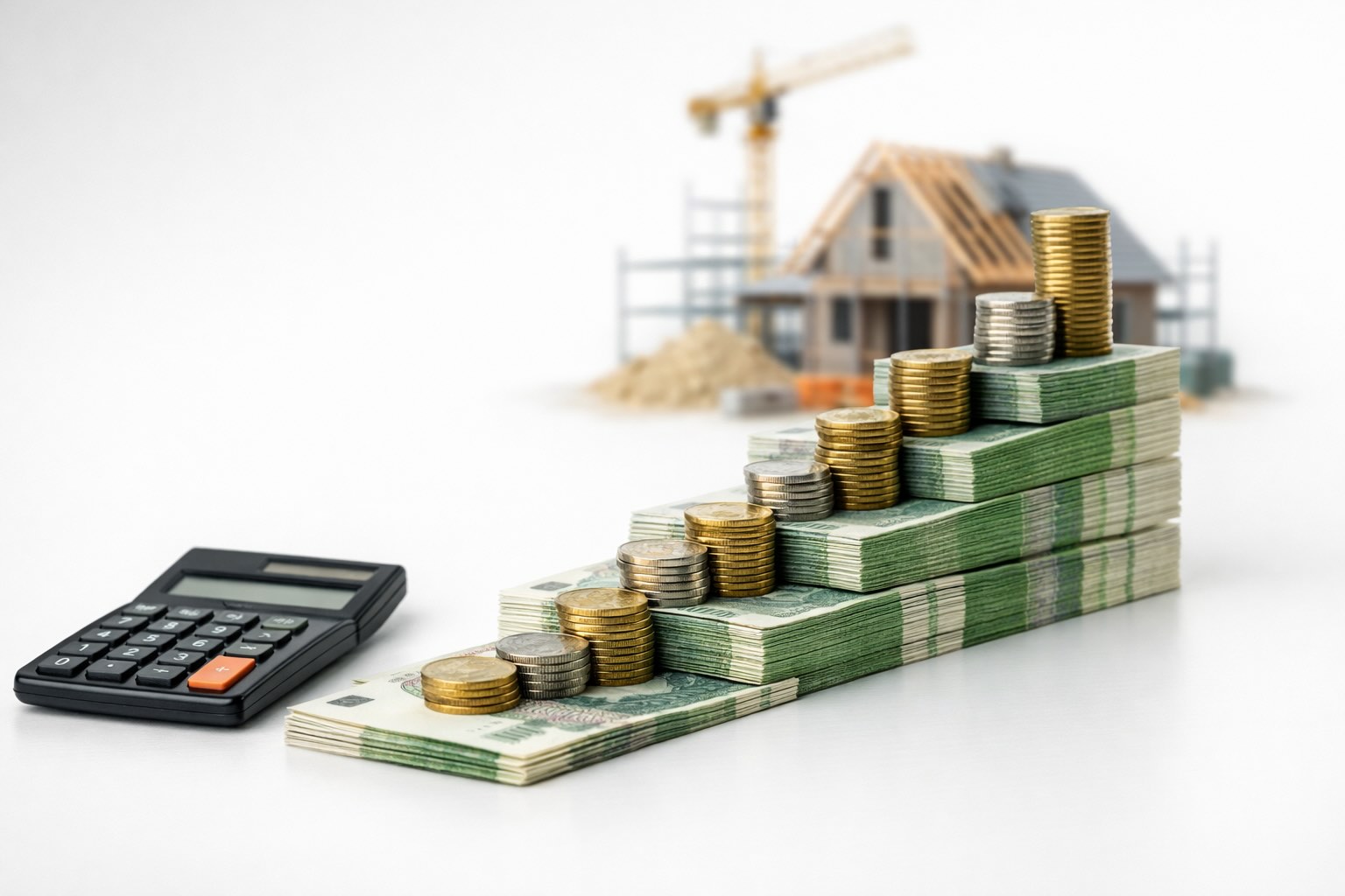 Etapowy układ banknotów i monet symbolizujący transze kredytu budowlanego