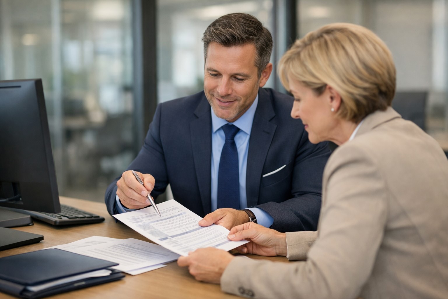 Doradca bankowy omawiający dokumenty kredytowe z klientem przy biurku