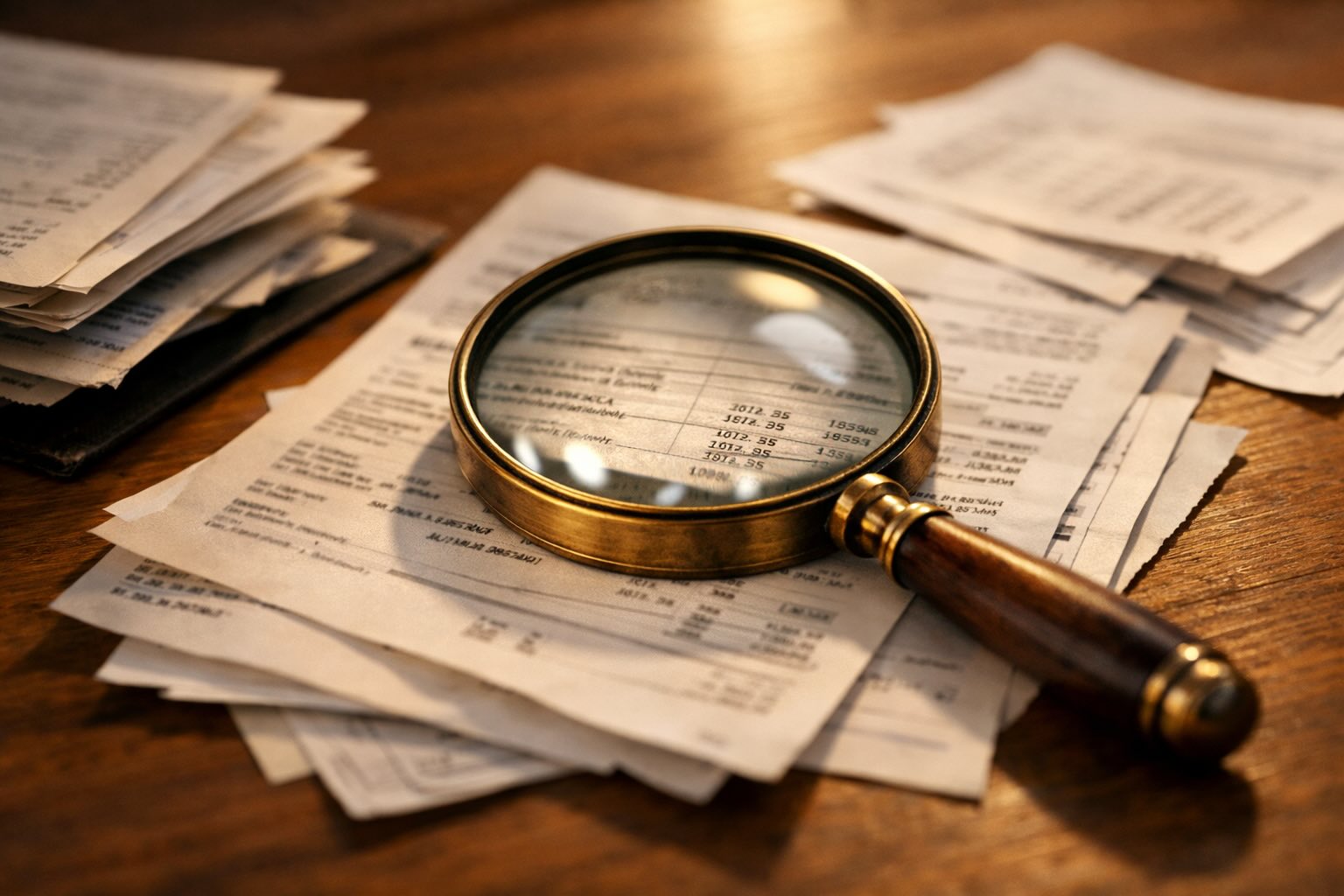 Ukryte koszty budowy domu - szczegóły, które łatwo przeoczyć Lupa powiększająca szczegóły na rachunku budowlanym symbolizująca ukryte koszty