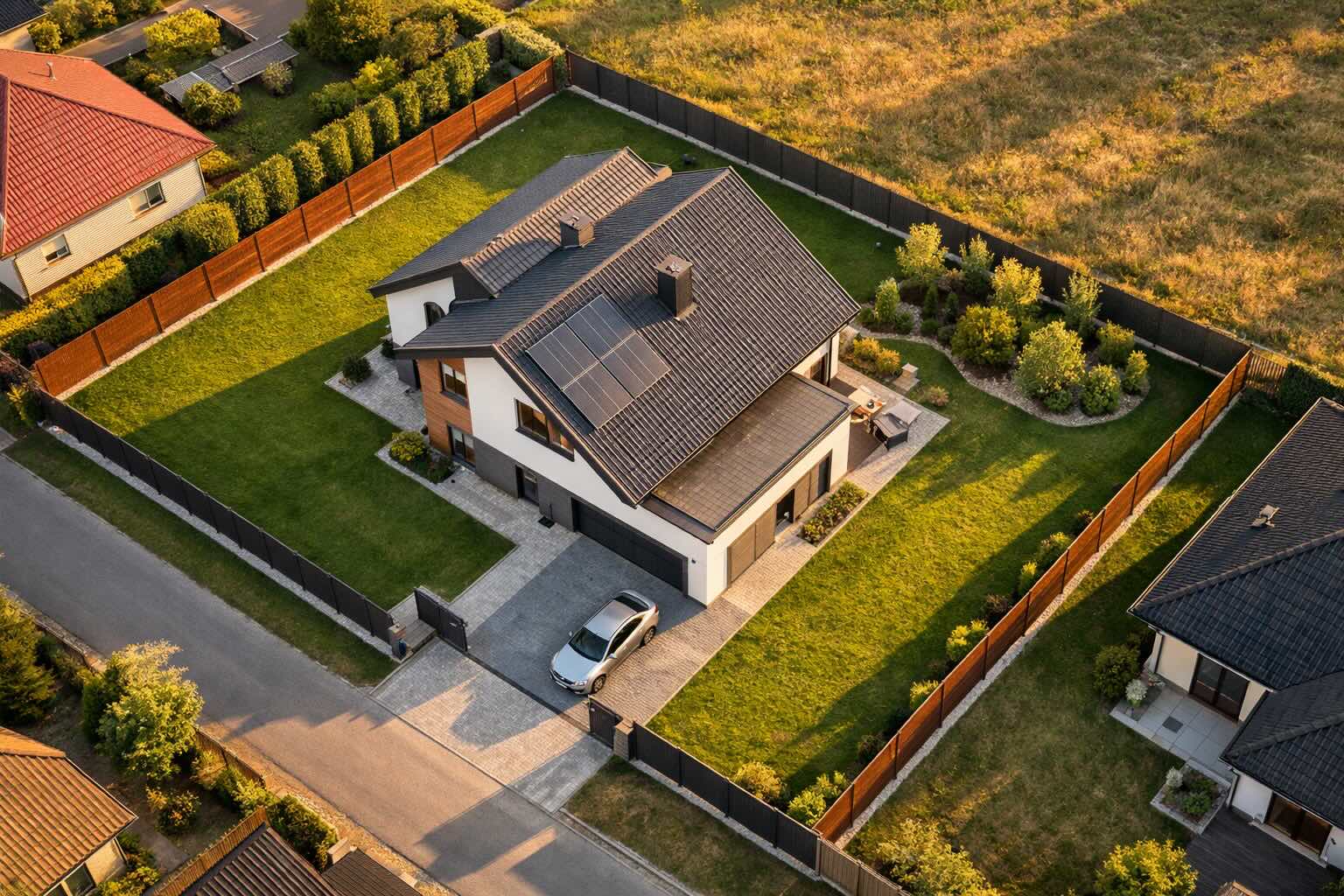 Usytuowanie domu na działce – widok z góry na zagospodarowany teren Widok z lotu ptaka na dom jednorodzinny usytuowany na działce z ogrodem i podjazdem
