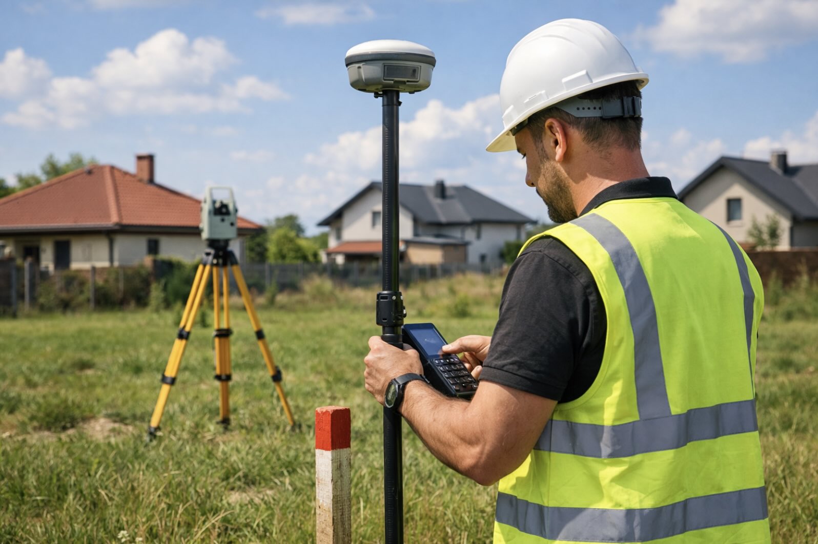 Pomiar wymiarów działki przez geodetę Geodeta z tyczką pomiarową i sprzętem GPS wykonujący pomiar działki budowlanej