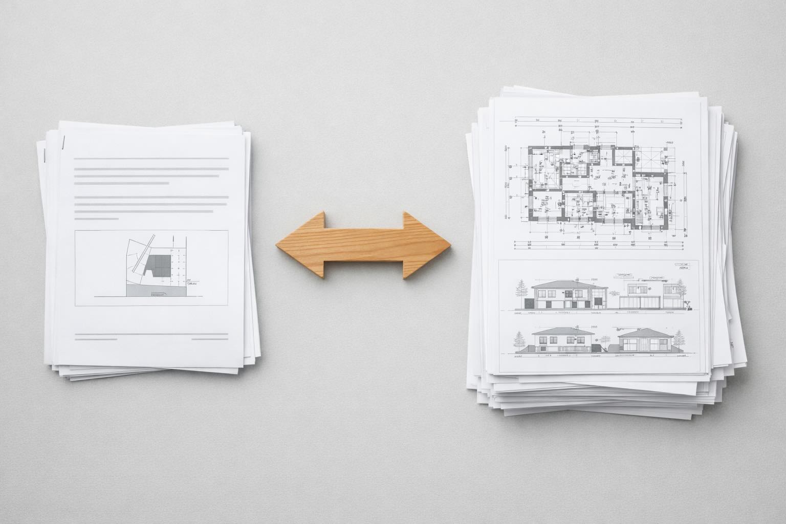 Dwa formularze budowlane na biurku symbolizujące wybór między zgłoszeniem a pozwoleniem na budowę