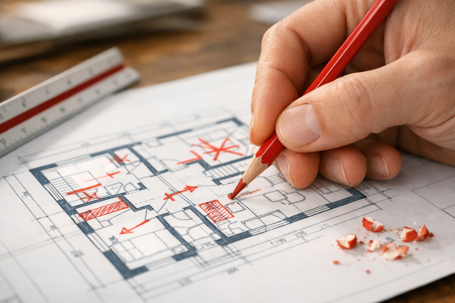 Adaptacja projektu gotowego – nanoszenie zmian na rysunki architektoniczne Ręka architekta z ołówkiem nanosząca poprawki na rzut projektu domu