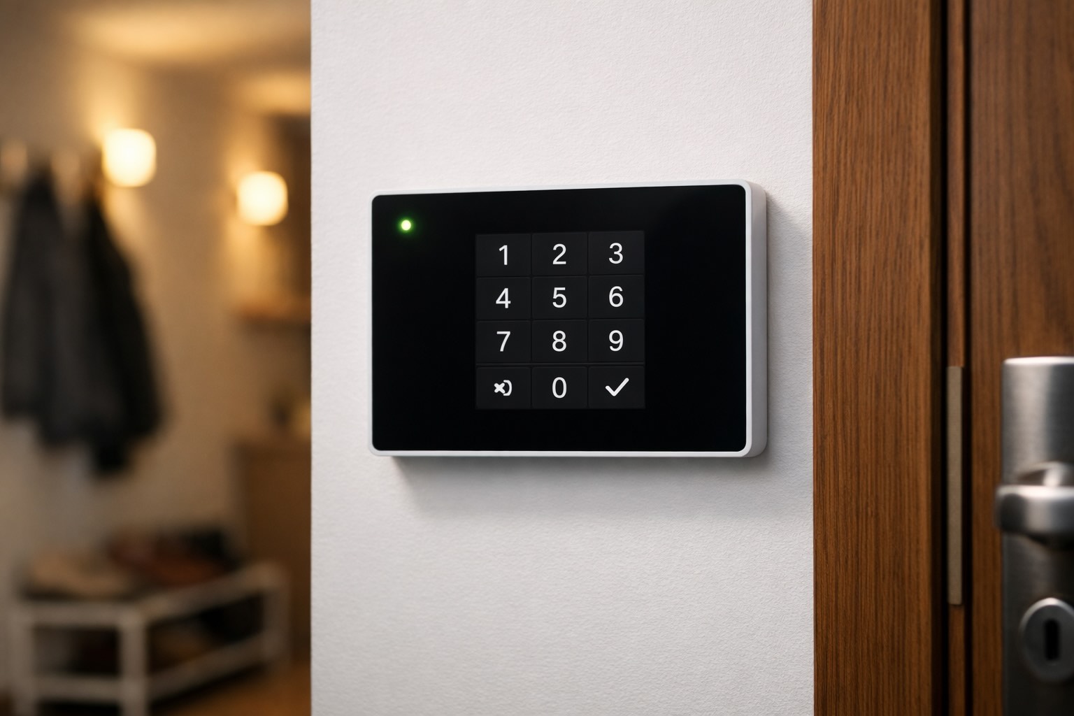 Nowoczesny panel dotykowy systemu alarmowego zamontowany przy drzwiach wejściowych domu jednorodzinnego