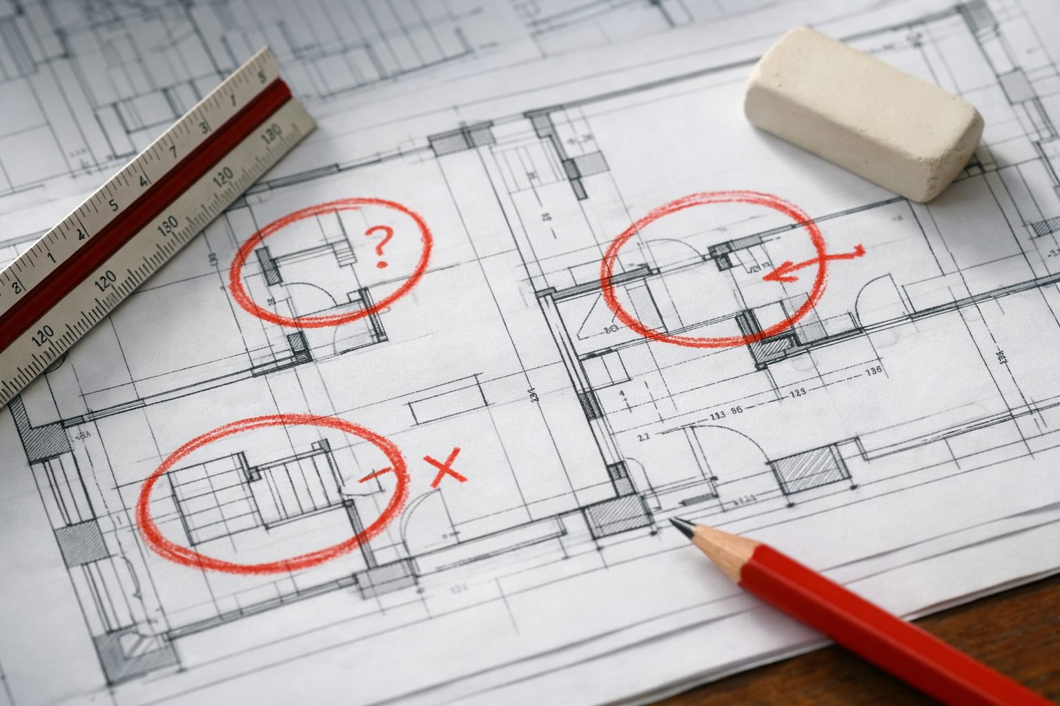 Błędy w projekcie domu – weryfikacja dokumentacji przed budową Architekt analizujący dokumentację projektową z ołówkiem i linijką