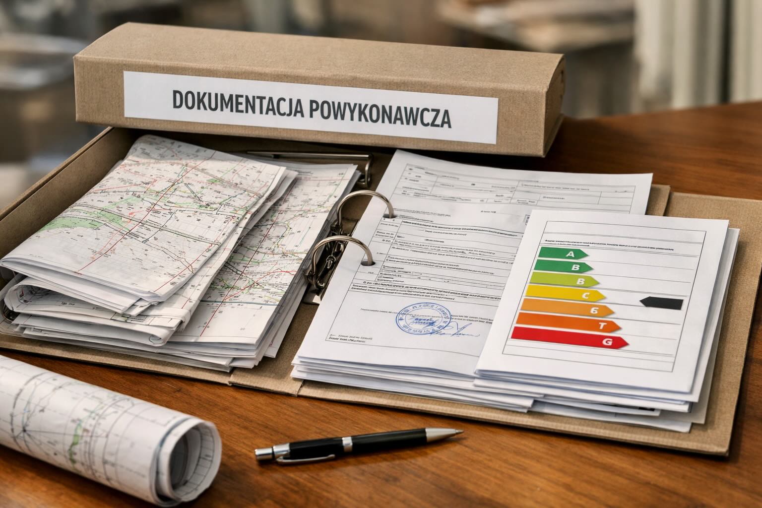 Teczka z dokumentacją powykonawczą: mapy geodezyjne, protokoły i świadectwo energetyczne
