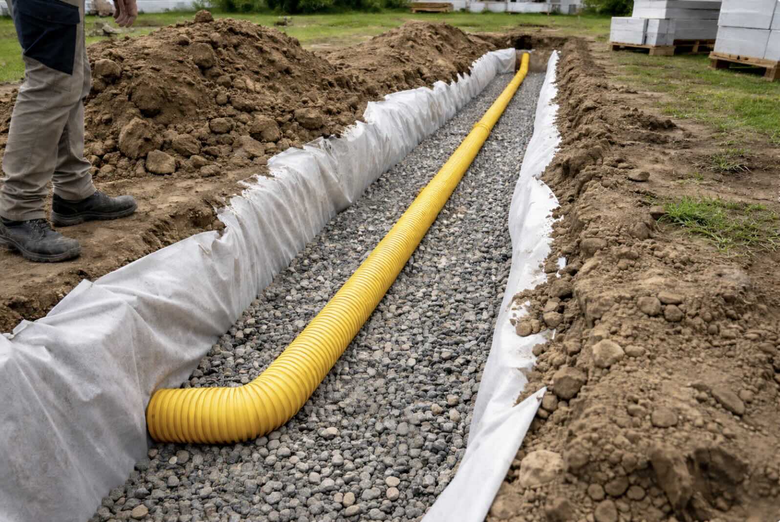 System drenażu działki budowlanej Rury drenażowe PVC ułożone w wykopie żwirowym na działce budowlanej