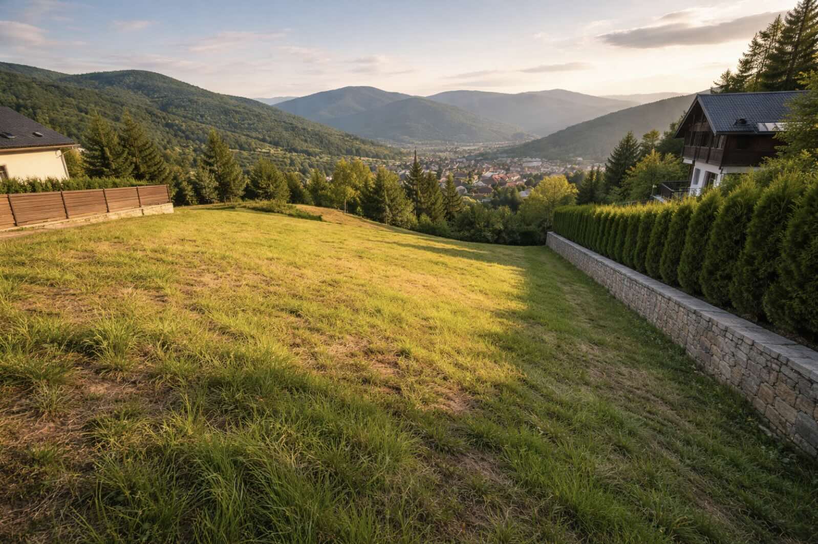 Działka budowlana na skarpie z widokiem Działka budowlana położona na zboczu z panoramicznym widokiem na okolicę