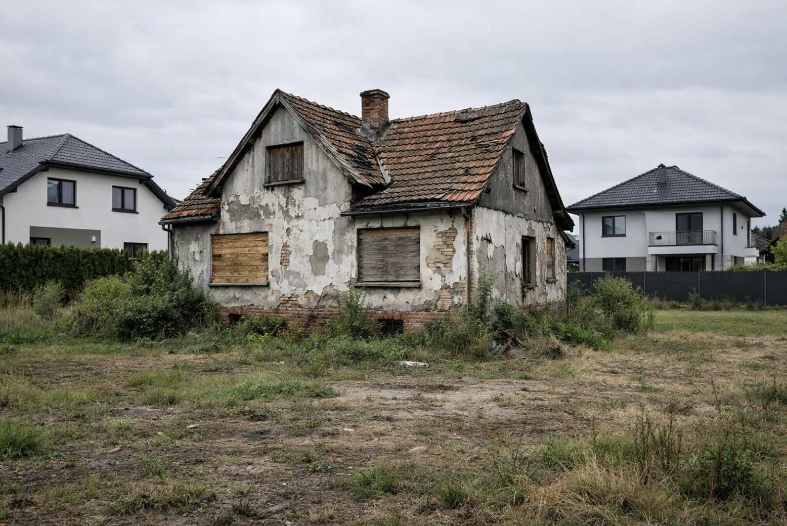 Stary, zniszczony dom jednorodzinny na działce budowlanej przeznaczony do rozbiórki