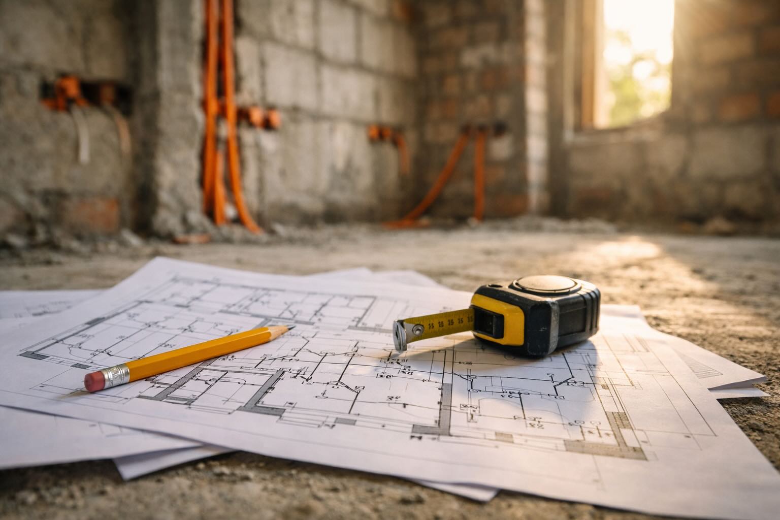 Prowadzenie instalacji elektrycznej w ścianach domu jednorodzinnego Przewody elektryczne w peszelach prowadzone w bruzdach ścian domu jednorodzinnego przed tynkowaniem