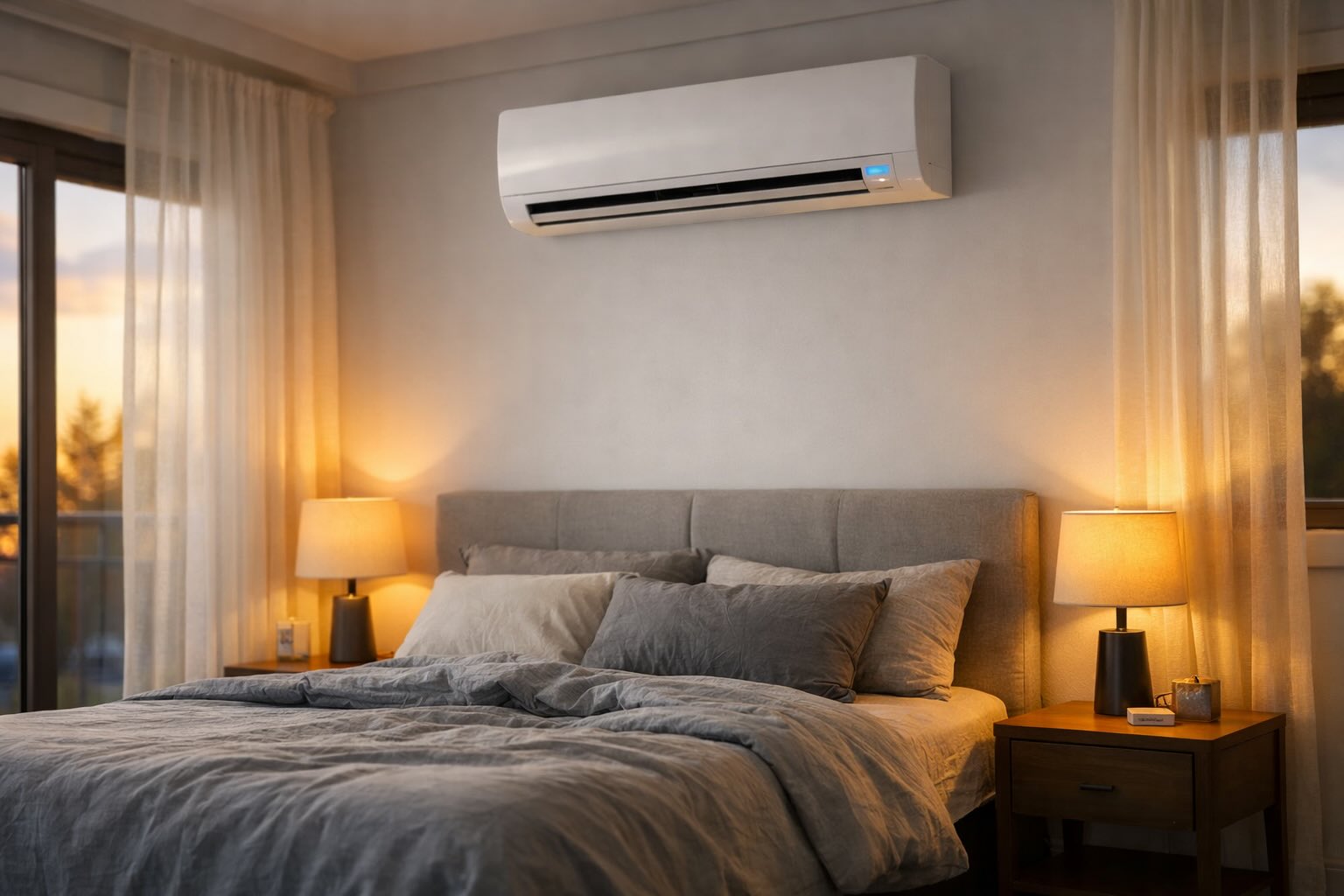 Klimatyzator split zamontowany na ścianie nowoczesnej sypialni w domu jednorodzinnym