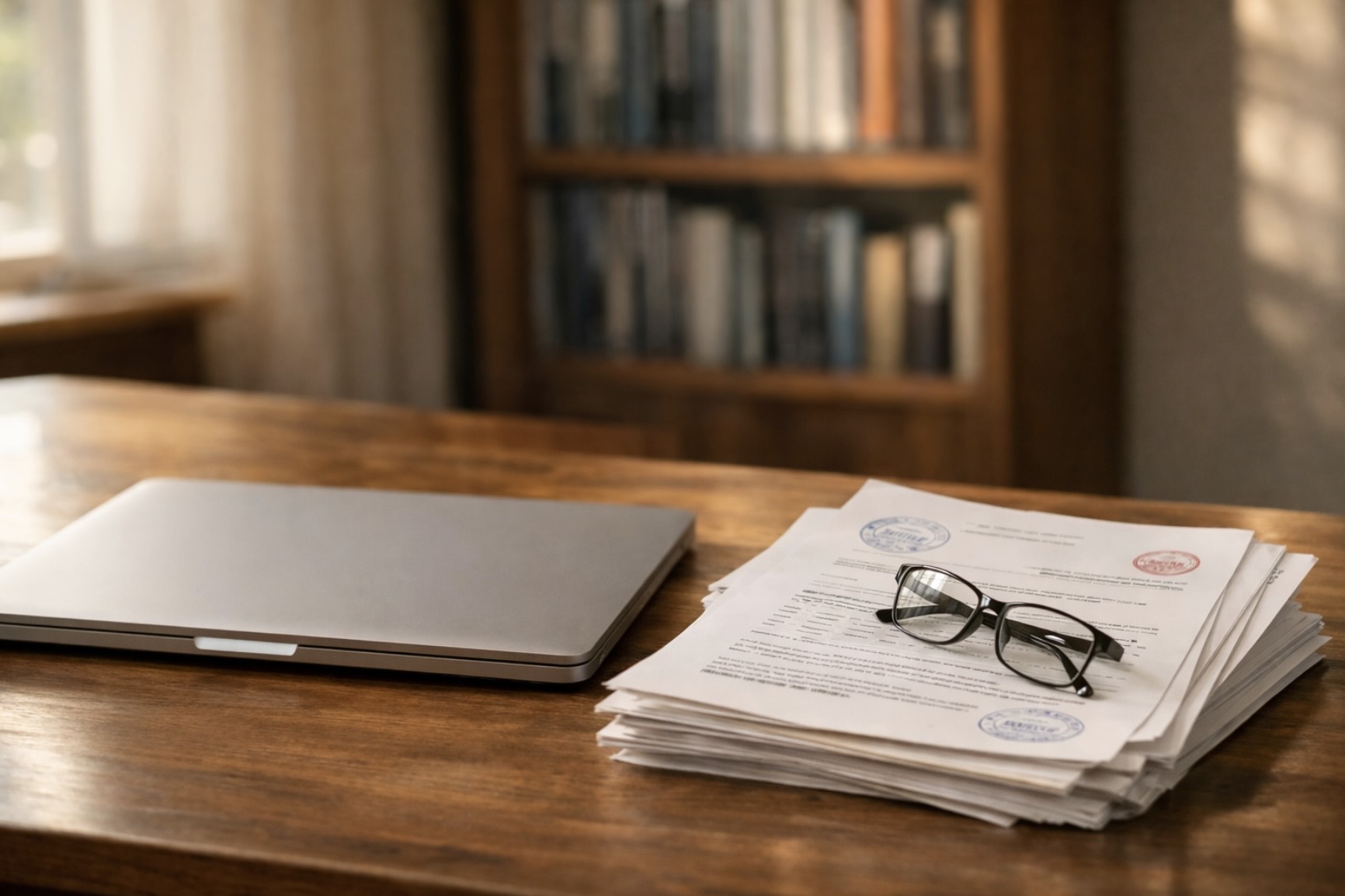 Laptop z systemem ksiąg wieczystych obok wydrukowanych dokumentów prawnych na biurku