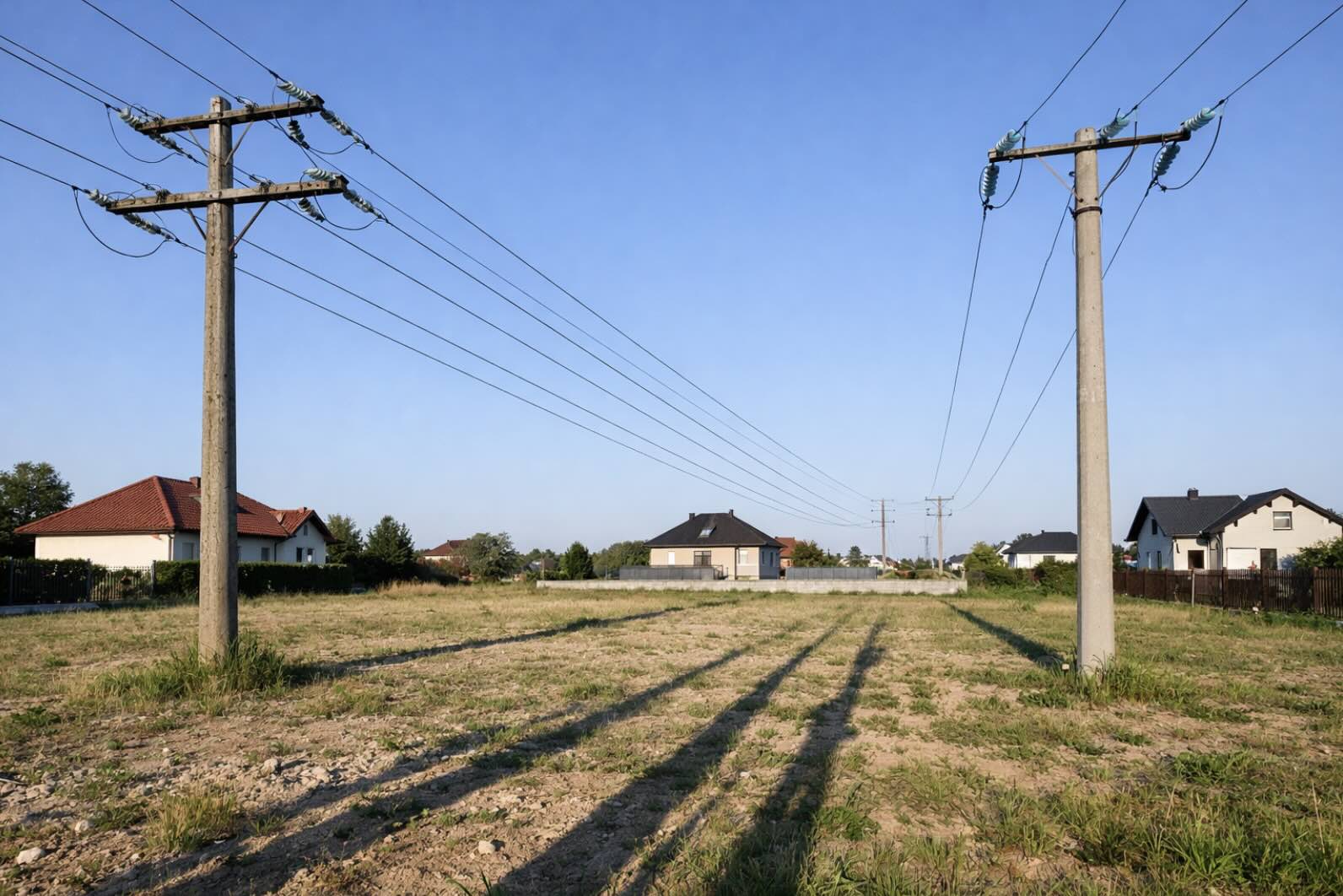 Linia energetyczna przechodząca przez działkę budowlaną Słupy wysokiego napięcia z przewodami przebiegającymi nad działką budowlaną